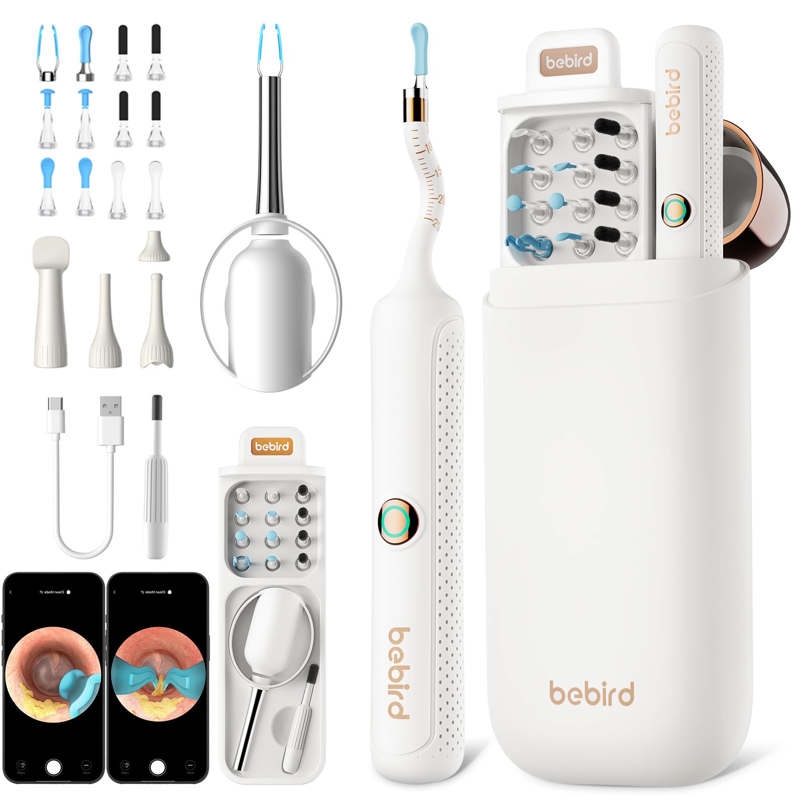 BEBIRD Ohrenschmalz Entferner mit Kamera, 1920P HD flexibler Ohrreiniger, komplettes Set mit Pinzette und 13 Aufsätzen für die sichere Reinigung zu Hause – Weiß