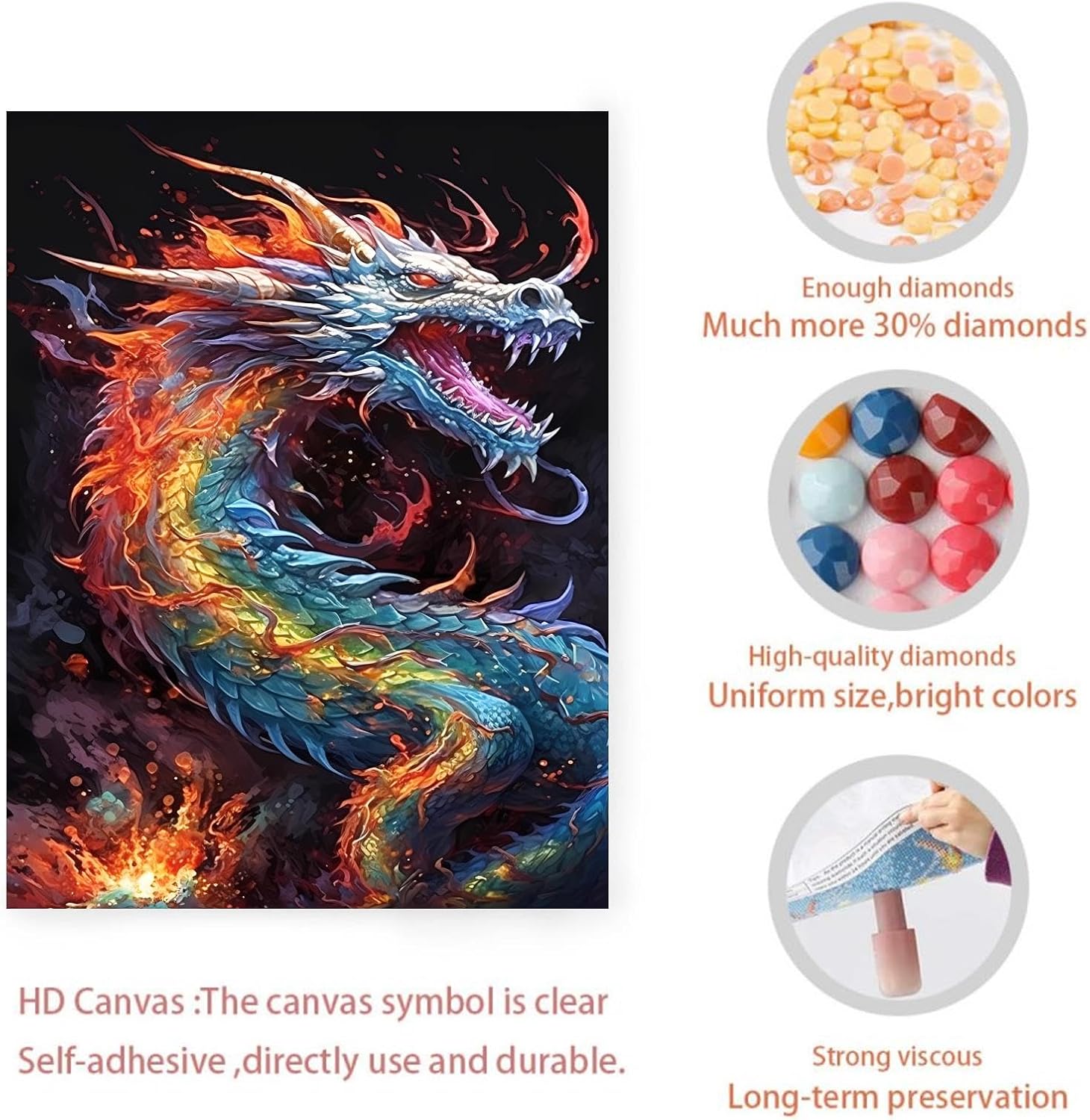 POEOIEX Diamond Painting Kit - Coloured Dragons Diamond Painting, 5D Full Round Diamond Diamond Art Painting for Adults with DIY Accessories, Winter Home Wall Decor Premium Gift 20x30 Inch