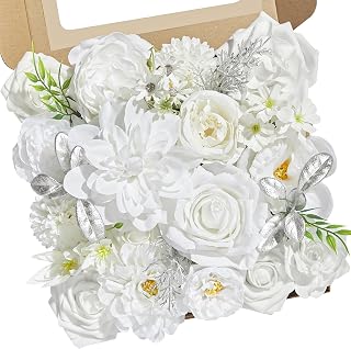 White Artificial Flowers, Fake Silk White Flowers for DIY Wedding Bouquets, Wedding Cake Flowers for Table Centerpieces Baby Shower Birthday Party Home Decorations