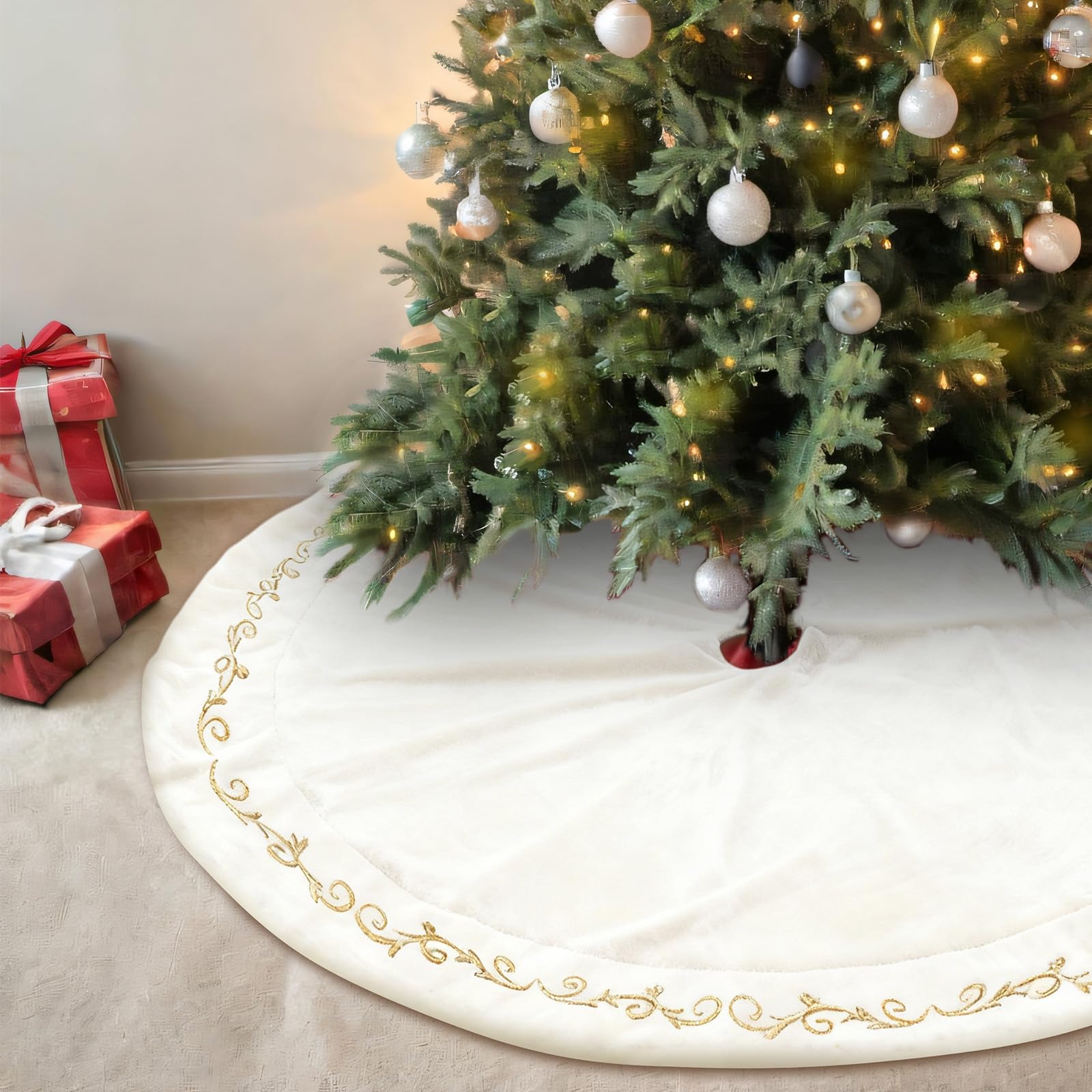 HyDren 60 inch Velvet Christmas White Tree Skirt(Classical Style)