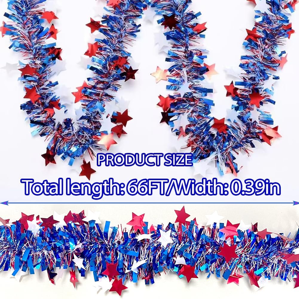 4th of July Red White Blue Star Tinsel Garland - 66 Ft Memorial Day Patriotic Decoration Independence Day Metallic Tree Garland Glitter Tinsel Hanging Twist for Veterans Day Decor
