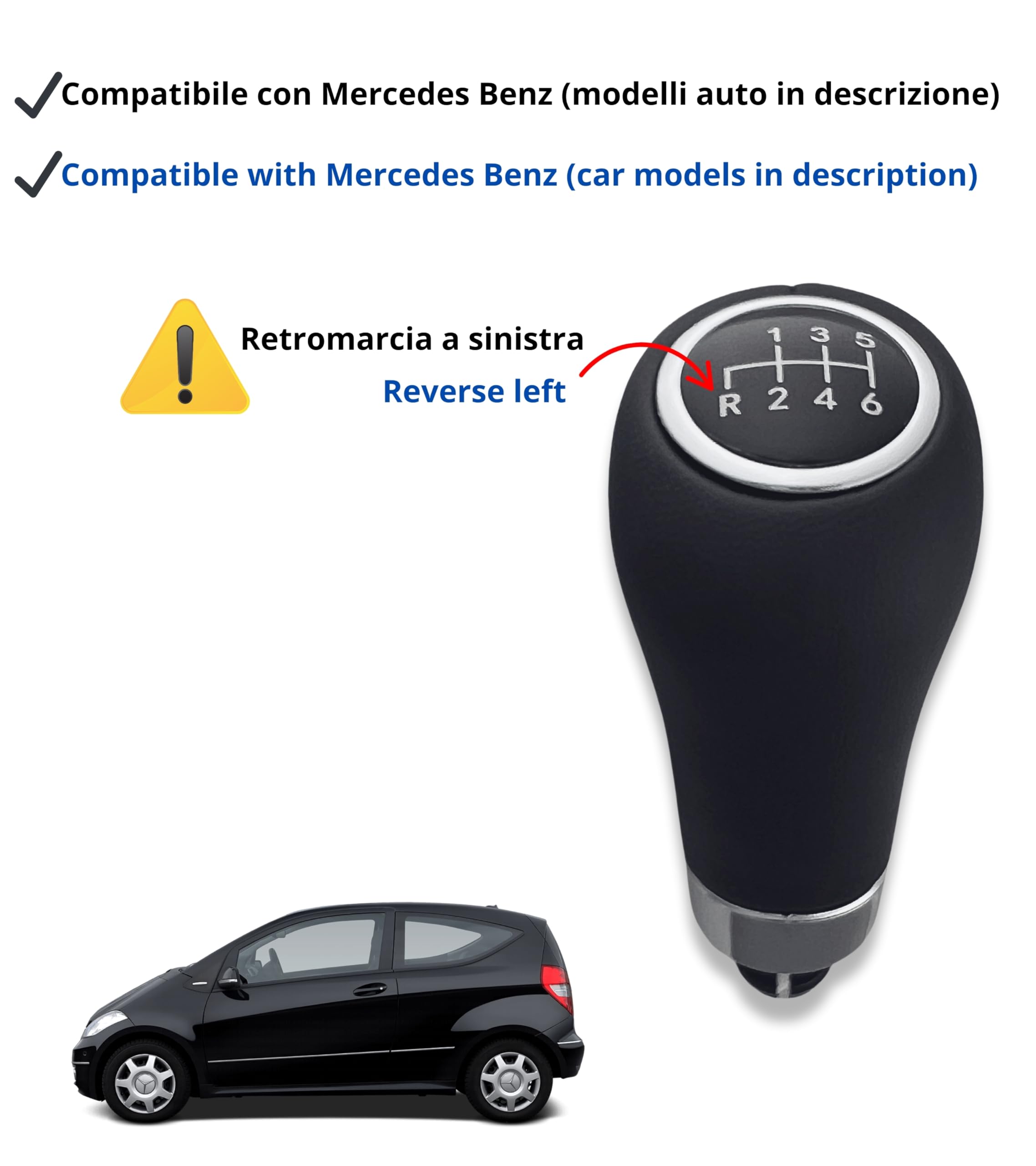 1neiSmartech Pomello Leva Cambio Manuale 6 Marce Compatibile con Mercedes Classe A B C E CLK Pre-Facelift 2000–2012, con Foro 8mm, Inserti Argento, Retromarcia a Sinistra