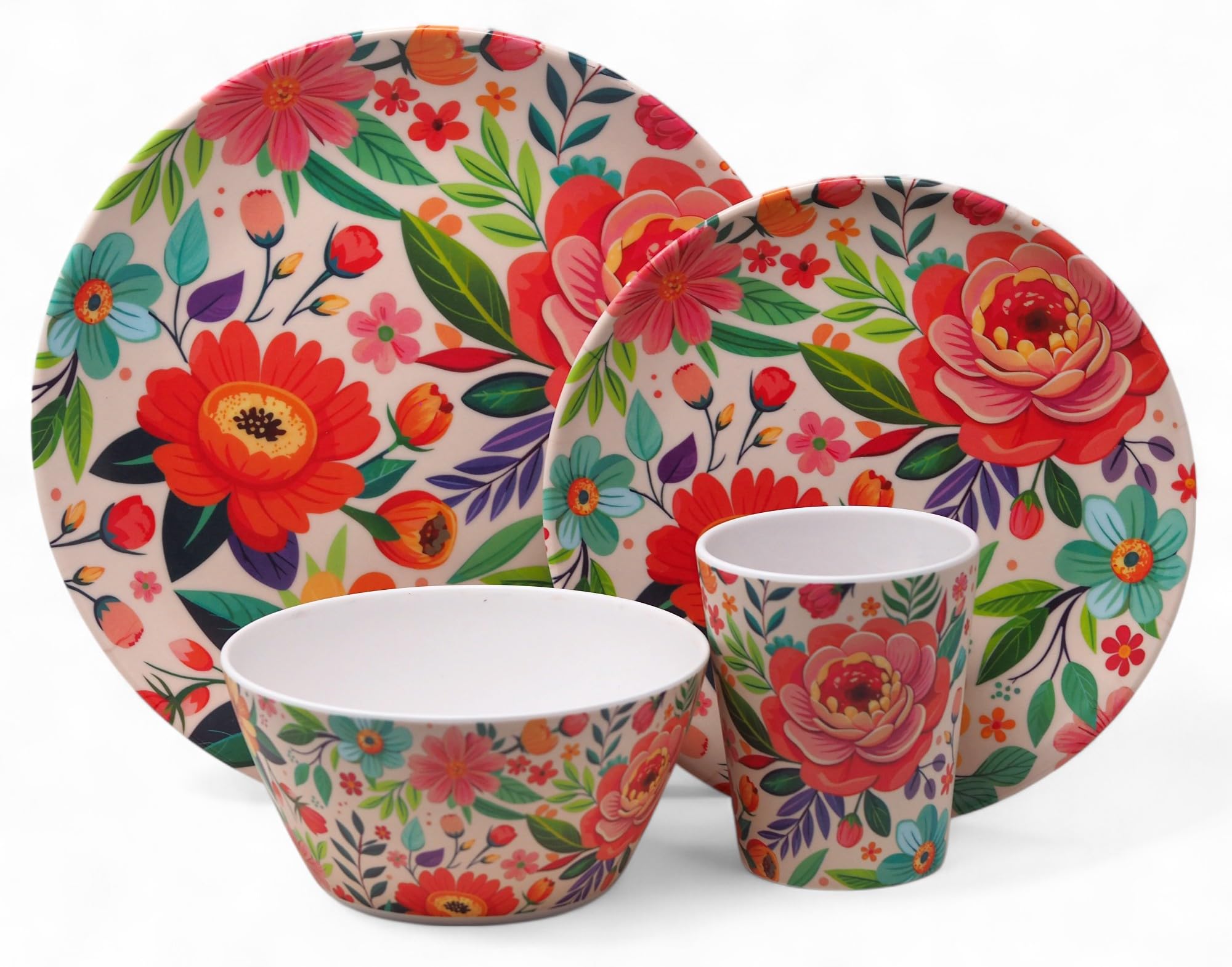 Vibrant Floral Melamine Outdoor Dining Picnic 16 Piece Set
