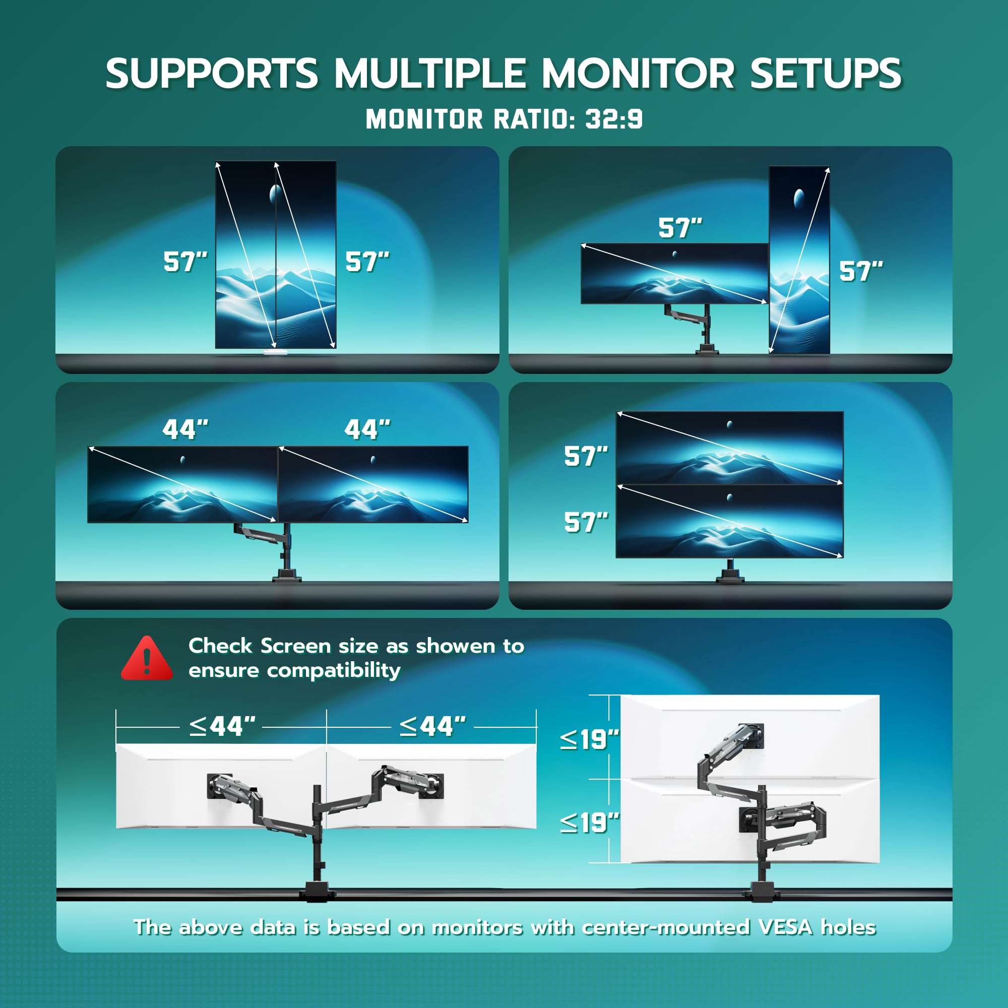 ARES WING Support de Moniteur 2 moniteurs avec Barre, Noir | pour écrans Plats et incurvés de 24 à 57 Pouces, jusqu'à 27/22 kg, Support d'écran réglable en Hauteur, VESA 75/100/200