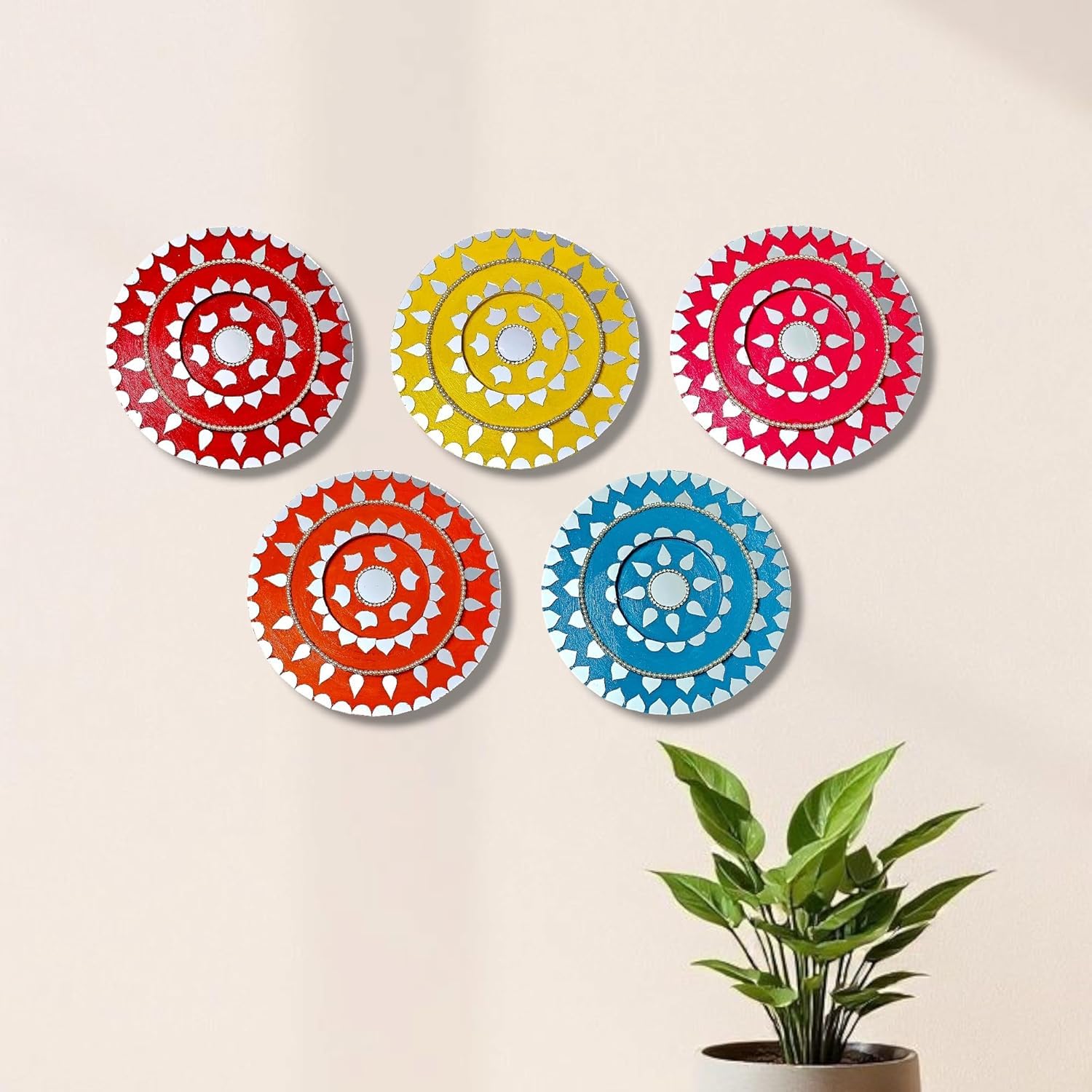 Mandala Wall Plates Set of 5, Multicolour Mirror Work Decor | Round Wall Hanging, Mirror Embellishments, Hand-Painted Design, Vibrant Colours, Home Wall Art-image-26