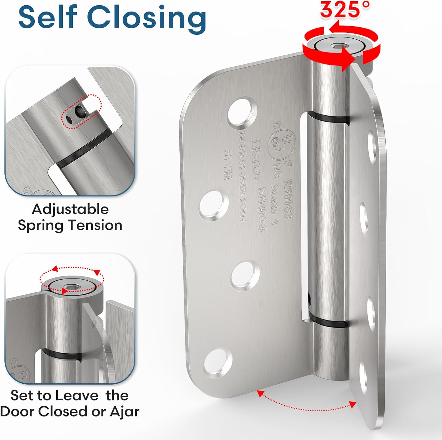 4 Pack Self Closing Door Hinges, 4 Inch Spring Loaded Door Hinges, Adjustable Tension with 5/8'' Radius Corners, for Front, Back Doors, Left and Right Hand, UL Listed, Satin Nickel