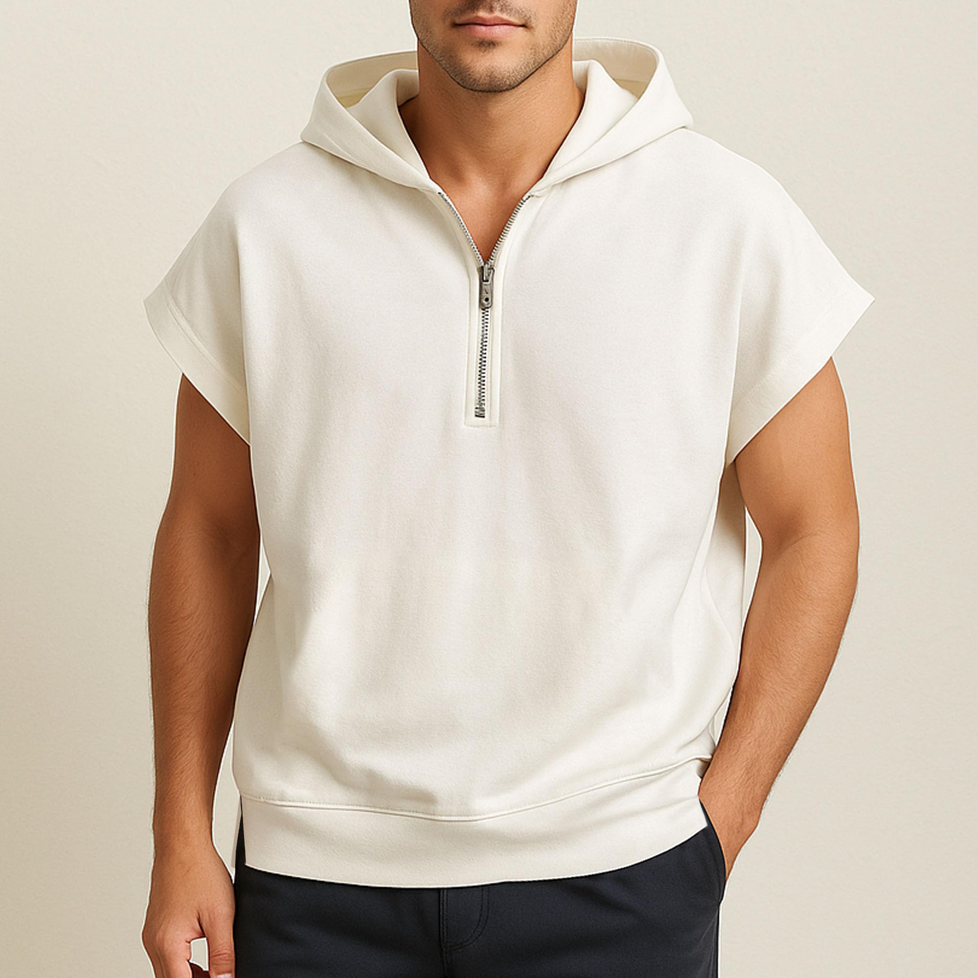 Herren-Tanktop mit 1/4-Reißverschluss und Kapuze, einfache, lockere, klassische Weste für Herren, mit Reißverschluss und Kapuze, ärmelloses Oberteil