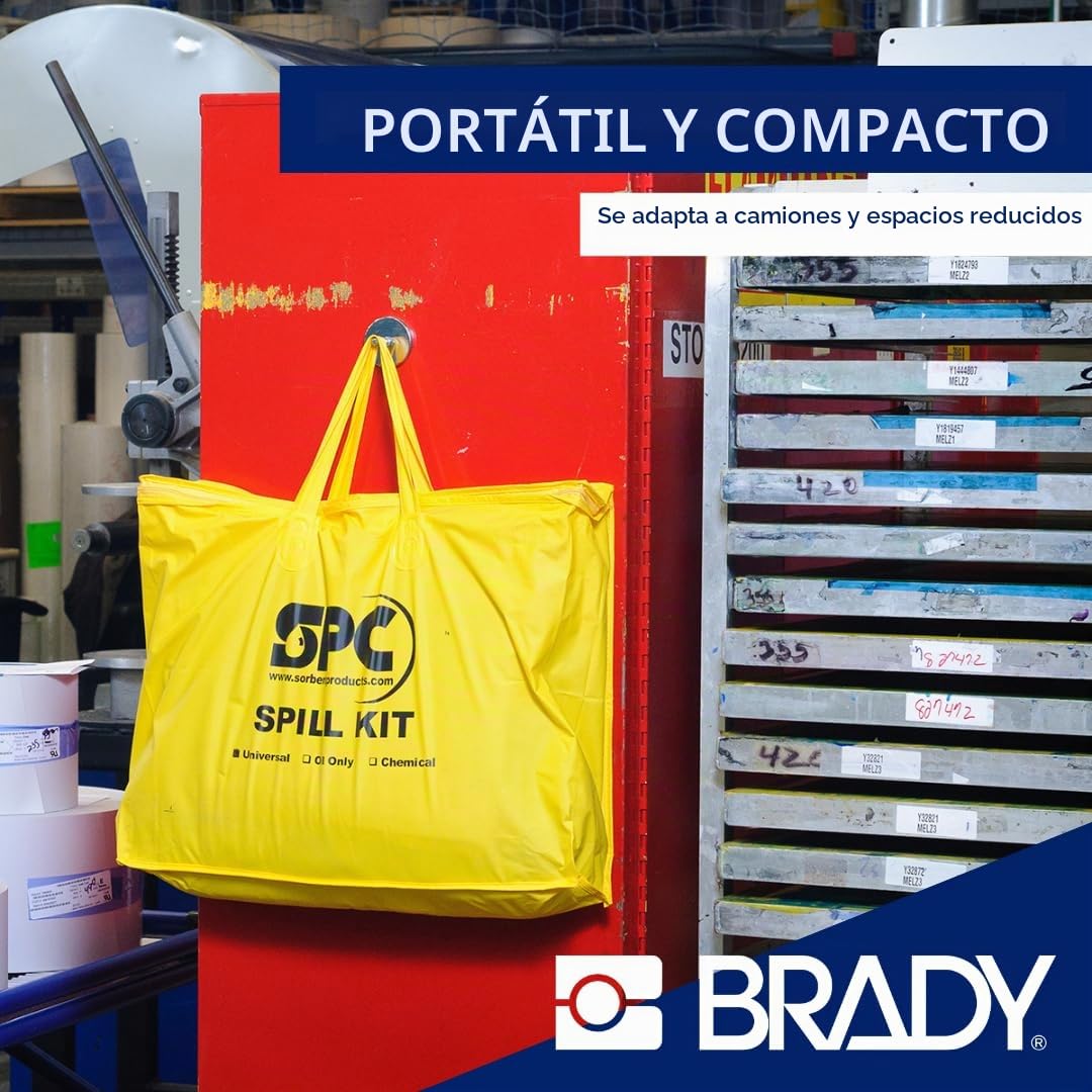 SPC® by Brady Kit Anticontaminación Universal – Kit Portátil para Derrames de Aceites, Agua, Solventes y Refrigerantes, Incluye 10 Almohadillas Absorbentes, 2 Calcetines, Guantes y Bolsa para Desechos
