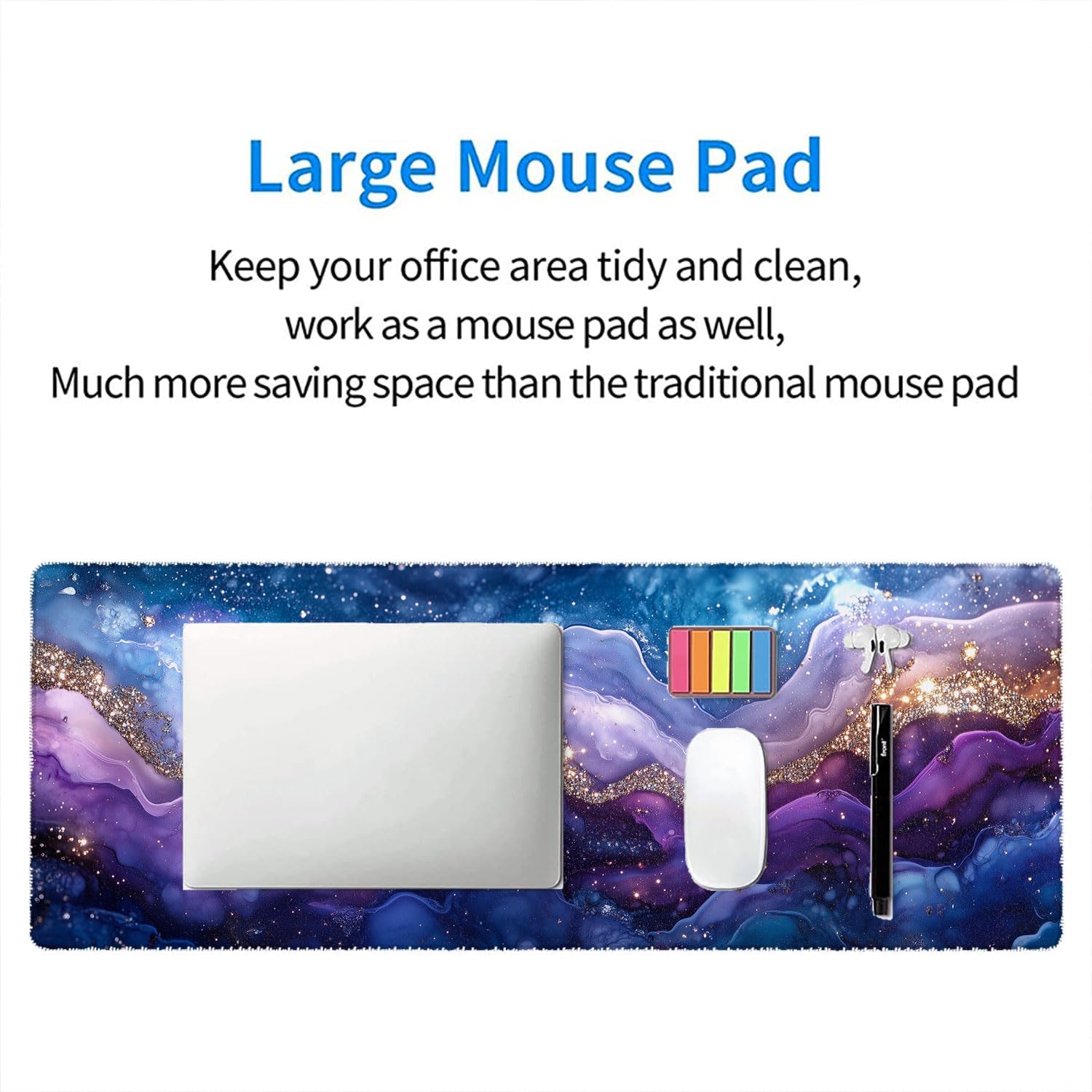 Marble Mouse Pad Fantasy Ink Painting Purple Blue Glitter Large Gaming Mouse Mat with Stitched Edges,Non-Slip Waterproof Rubber Base Mouse Mat Office Computer Keyboard Laptop Home 31.5"x11.8" image 5