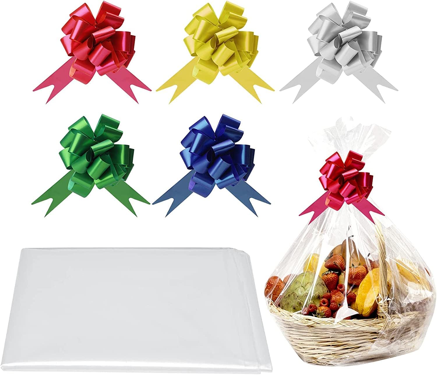 5Pcs Hamper Cellophane Wrap and Bow Set Hamper Cellophane Wrap for Hampers Large Cellophane Bags for Gifts Hamper Basket Bag Christmas Cellophane Wrap Bags Christmas Large Gift Bags Plastic Wrap