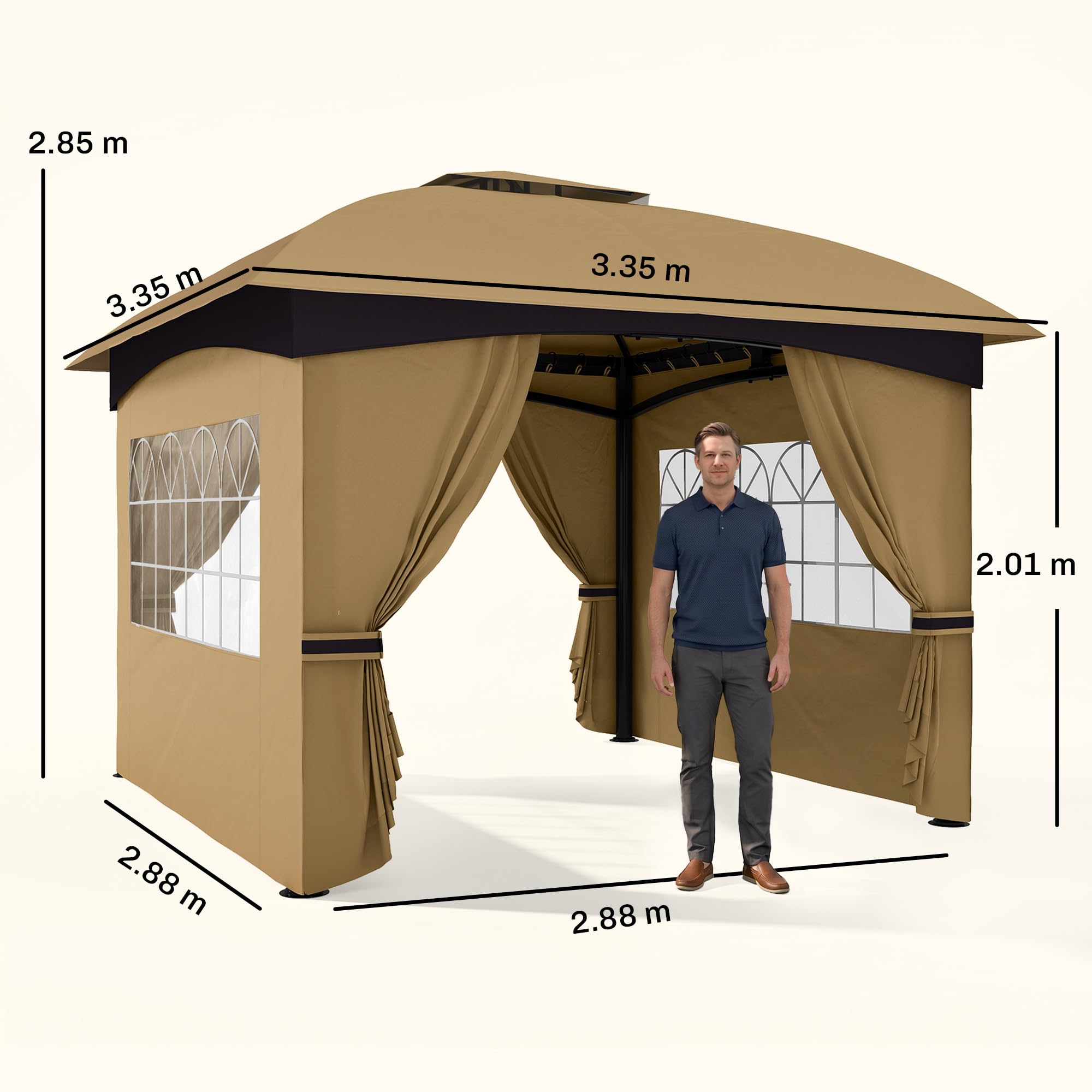Outsunny Gazebo da Giardino 3.4x3.4 m con Pareti Laterali e Finestre, Gazebo da Esterno Resistente Protezione UV Tenda Tendone Padiglione per Feste con Tetto a 2 Livelli, Struttura in Metallo, Beige