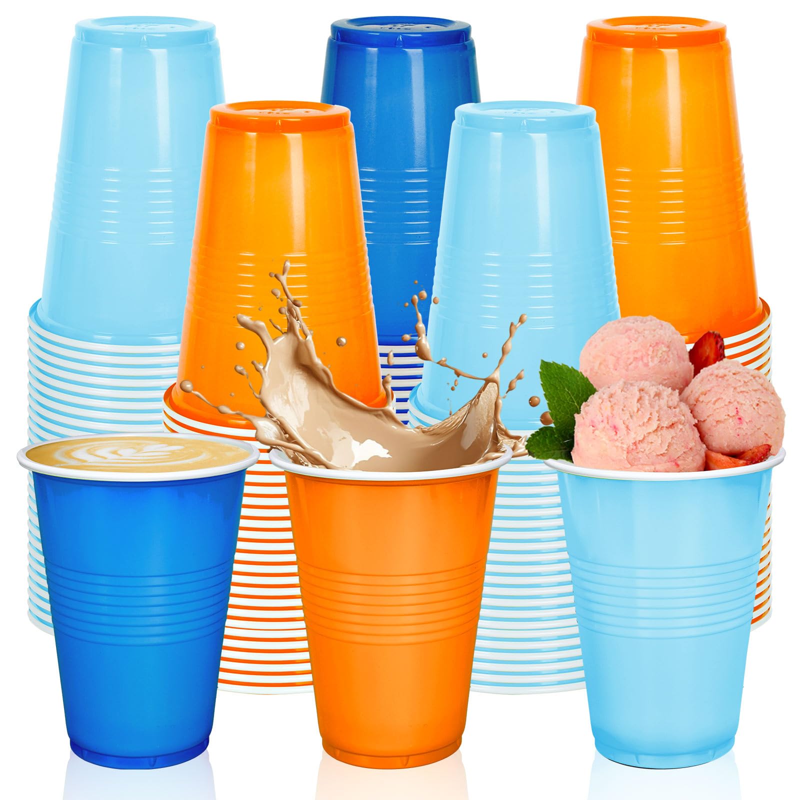 JarThenaAMCS Einweg-Trinkbecher, stapelbar, Partybecher für Welpen, Hunde, Geburtstag, Babyparty, Camping, 473 ml, Orange / Blau, 150 Stück