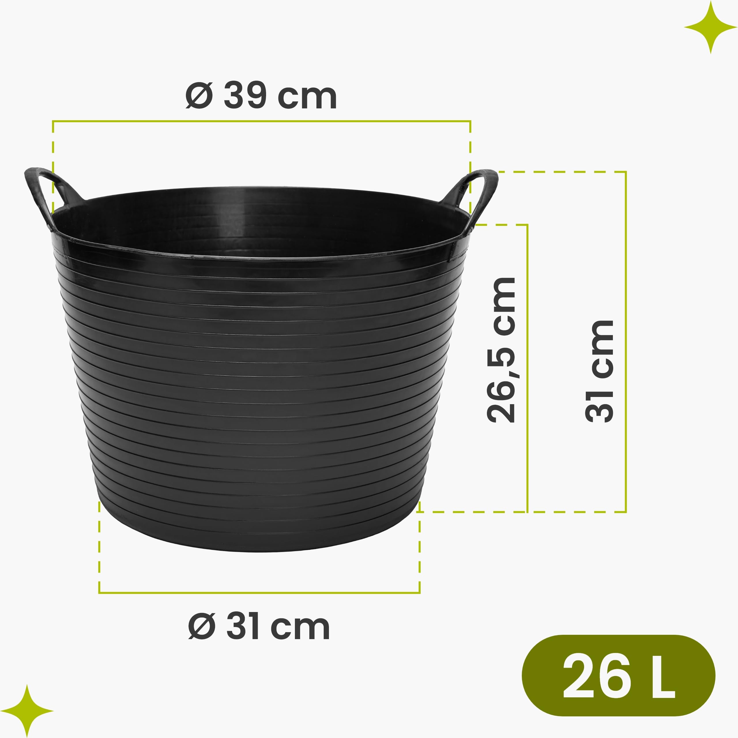 Garronda Flexibler Kunststoffkübel 2-Pack 26 L für Garten Bau Haushalt und Transport robuster Universalbehälter mit Griffen GD-0183 Schwarz