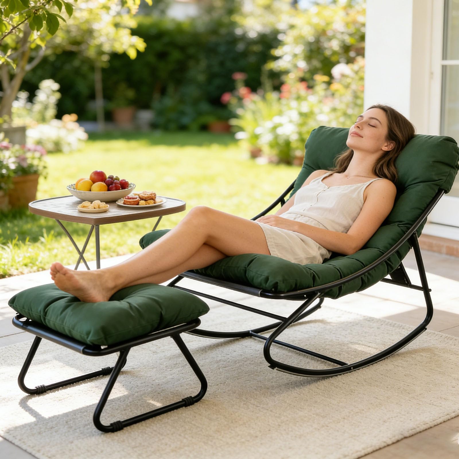 Schaukelstuhl mit fußstütze,Outdoor schaukelstuhl,Outdoor Lesesessel,Relaxstuhl mit Gepolstertem Kissen,bis 150 kg Belastbar, Schaukelliege Outdoor Innen für Garten, Schlafzimmer, Terras. (Grün)