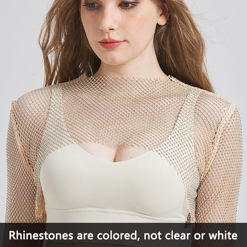 Inzegao Women Sheer Mesh Crop Top Tee Shiny Rhinestone See