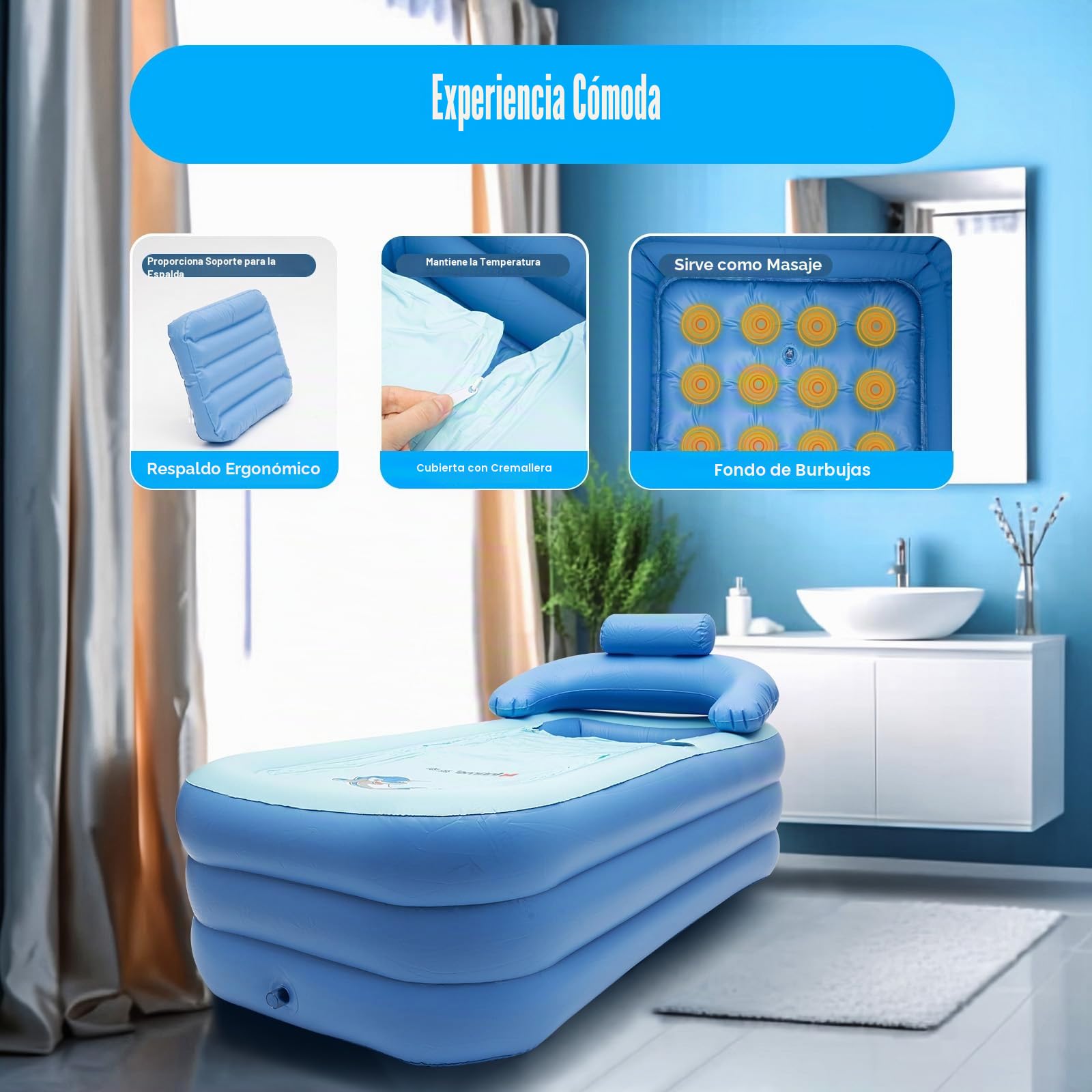 Bañera hinchable, bañera plegable de PVC para adultos y niños con respaldo, bañera inflable portátil con cojín y tubo de drenaje (sin bomba) para piscina en casa y baño, 150x80x75cm, azul