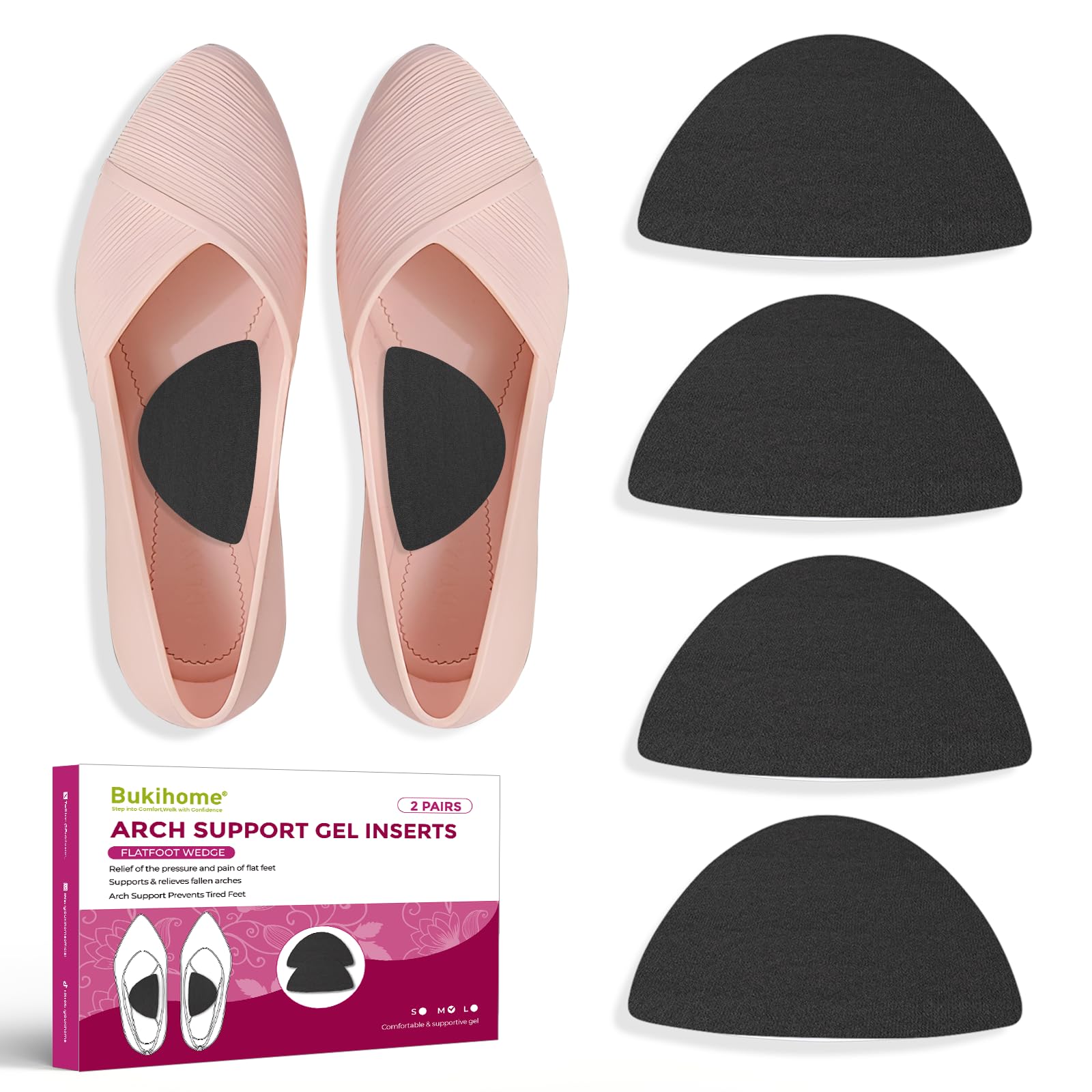 Bukihome Arch Support Inserts for Plantar Fasciitis - Anti Gravity Design - 2 Pairs Adhesive Gel Arch Pads for Women &amp; Men - High Arch Support Insoles for Flat Feet,Relieve Pressure - Black,Medium