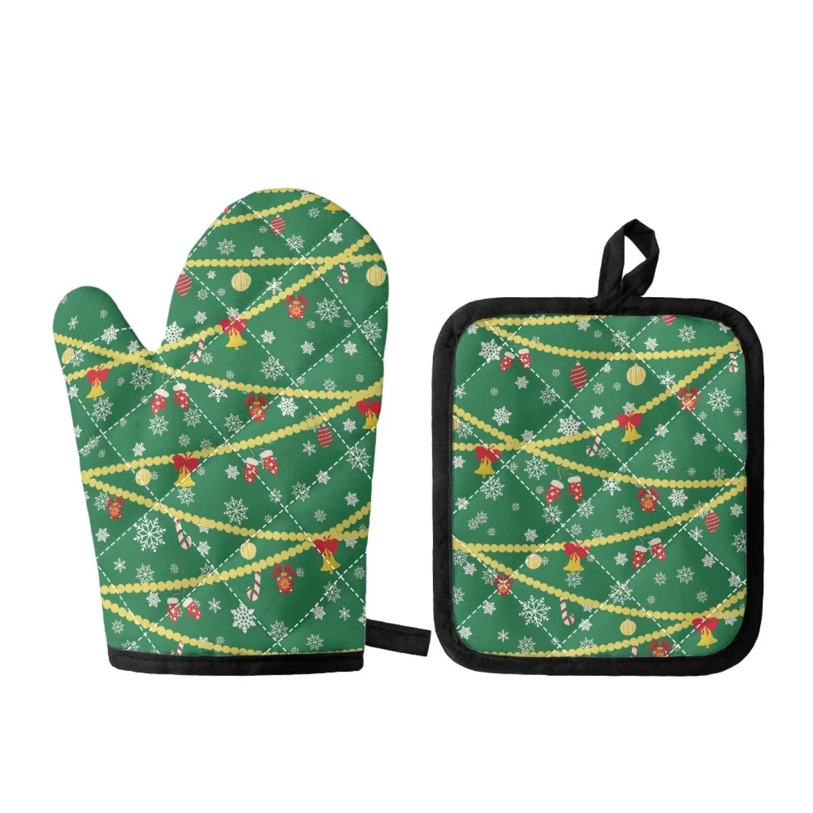JOAIFO Christmas Oven Mitts and Pot Holders Xmas Green Cute Hot Pad Oven Baking Glove Non-Slip for Christmas Kitchen Holiday Seasonal Decor BBQ Party