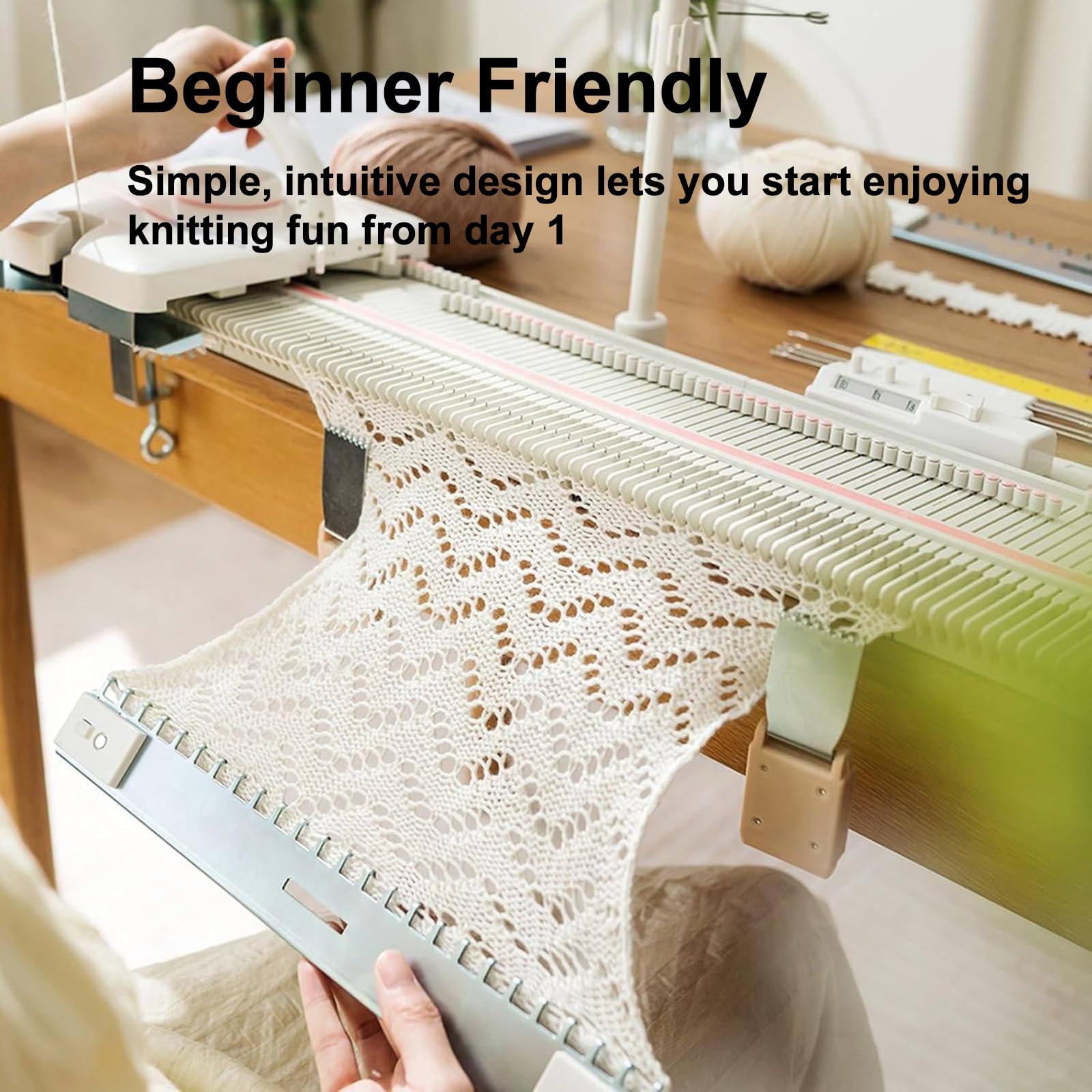 Machine à tricoter, 6,5 mm, kit de tissage automatique avec aiguilles et accessoires, adapté aux débutants, fonctionnement fluide et silencieux pour projets de chaussettes, chapeaux, écharpes et pulls