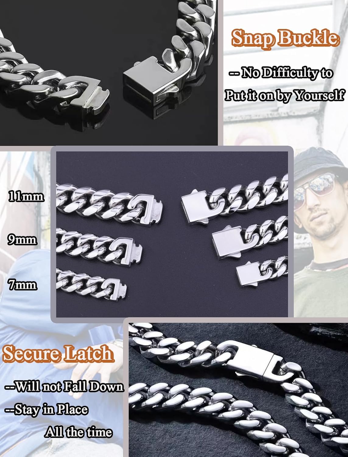 Cuban Link Chain for Men Necklace 316L Surgical Steel Silver Color Chain Mens Thick Chunky Hip Hop Jewelry 7/9/11/13mm Width 18" 20" 22" 24" 28" Length, Fine Polished Push Clasp Box - Image 8