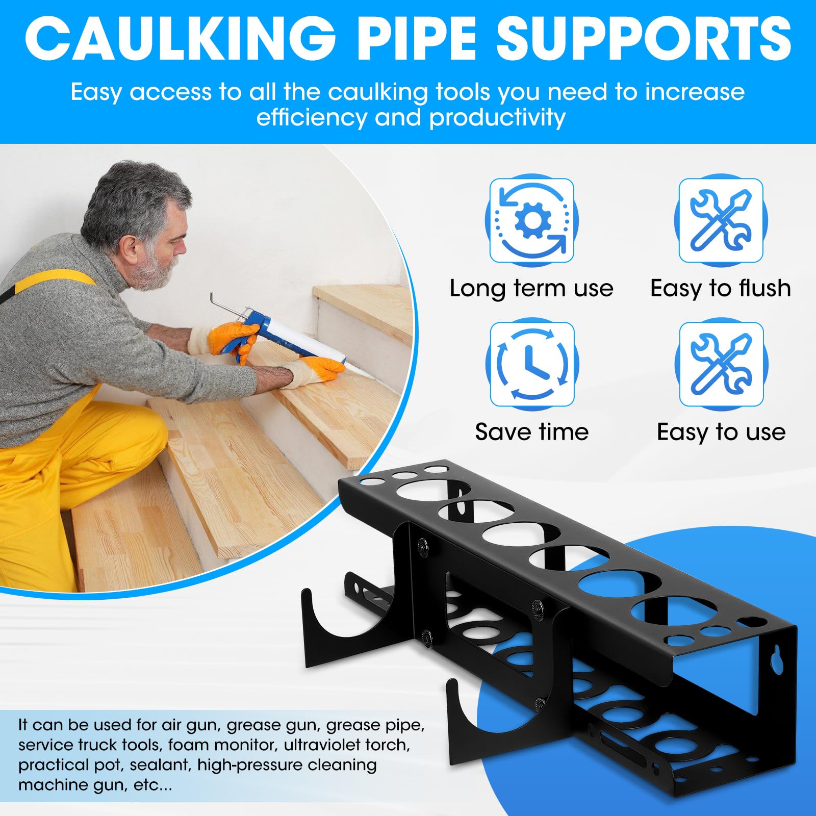 Caulking Gun & Tube Wall Holder – 6-Tube Storage Rack With Nozzle Organizer, Black Steel, For Garage, Workshop, Tool Cart
