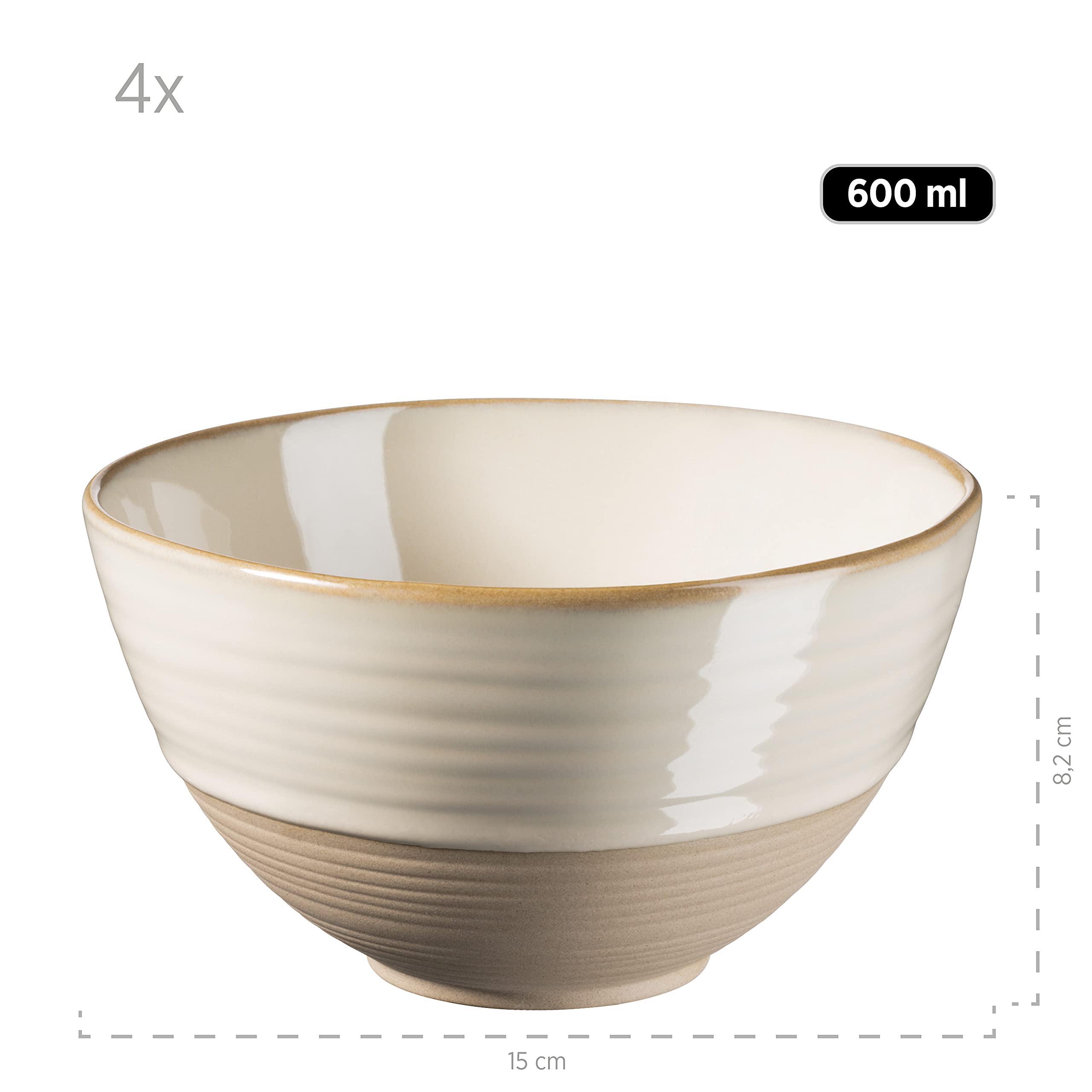 MÄSER Série Nottingham Lot de 4 bols à céréales avec jeu de lignes en filigrane et glaçure élégante, 4 bols en céramique au look vintage moderne, grès, beige