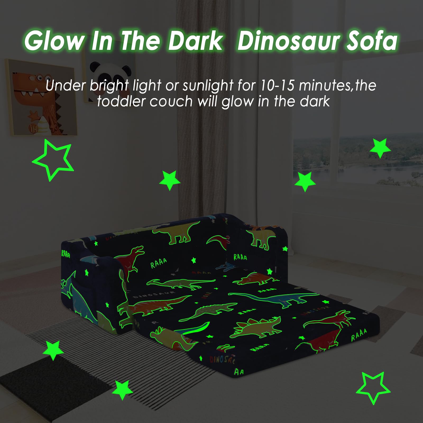 Canapé Enfants Convertible Sofa Bed 2 en 1, Pliant Fauteuil Enfant 2 Places pour Filles et Garçons, Briller dans Le Noir Canapé Lit pour Chambre Coin Lecture Salon,Dinosaurus