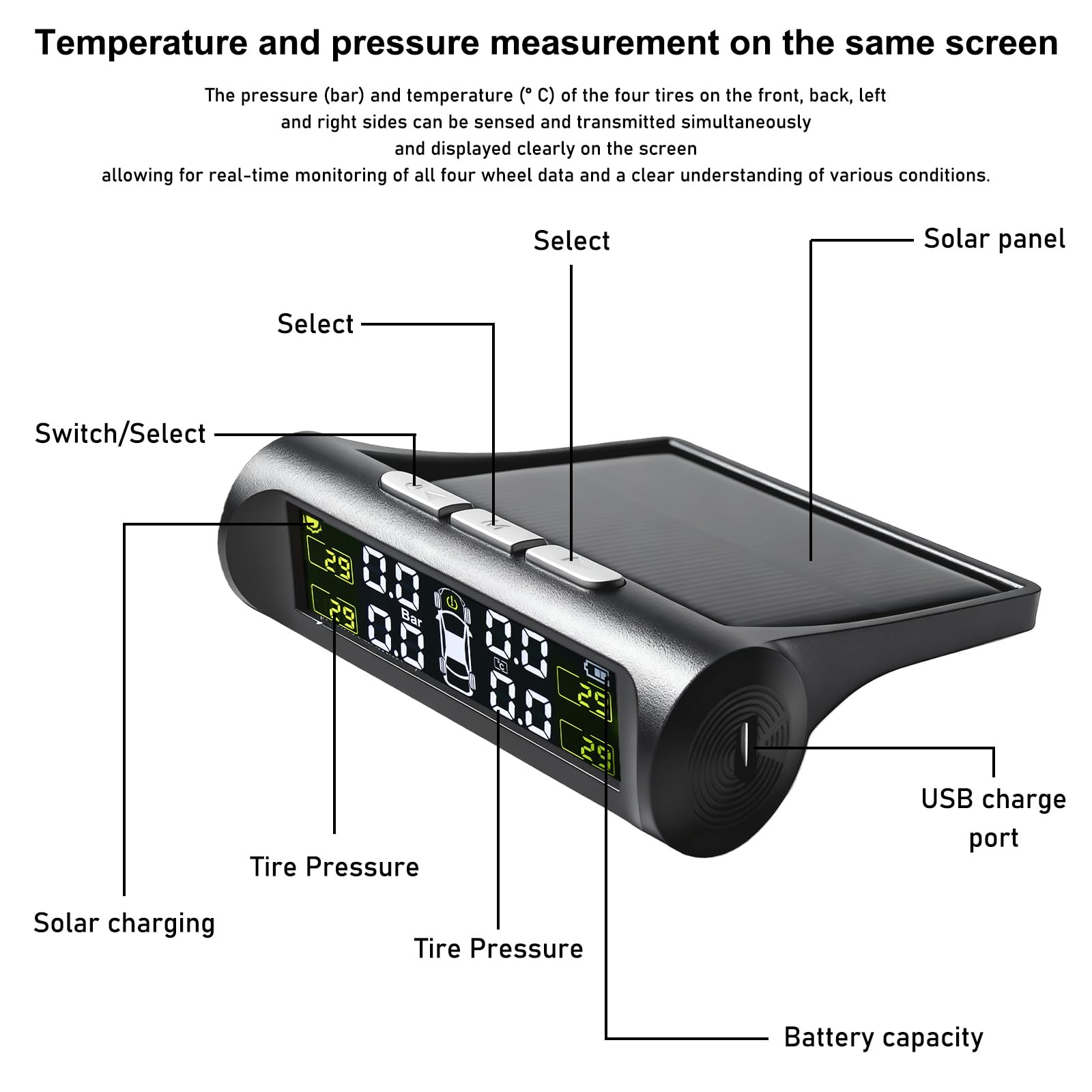 GBKDQQ TPMS Système de contrôle de la pression des pneus avec 4 capteurs externes, alarme de température et de véhicule, système de contrôle de pression des pneus à énergie solaire, affichage