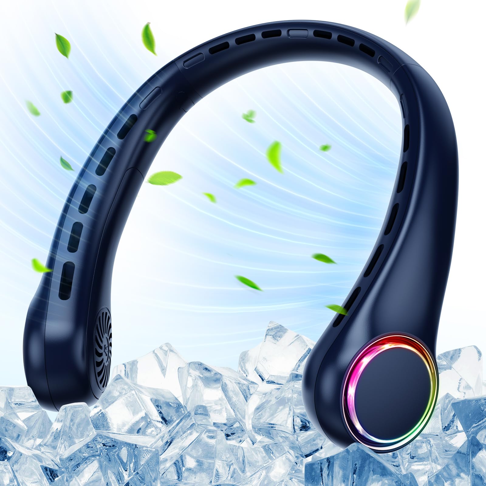 Ventilador de Cuello Portátil Silencioso, Recargable 4000mAh, 3 Velocidades, Mini Ventilador Cuello Personal con Luz LED para Viaje, Deporte, Oficina y Hogar