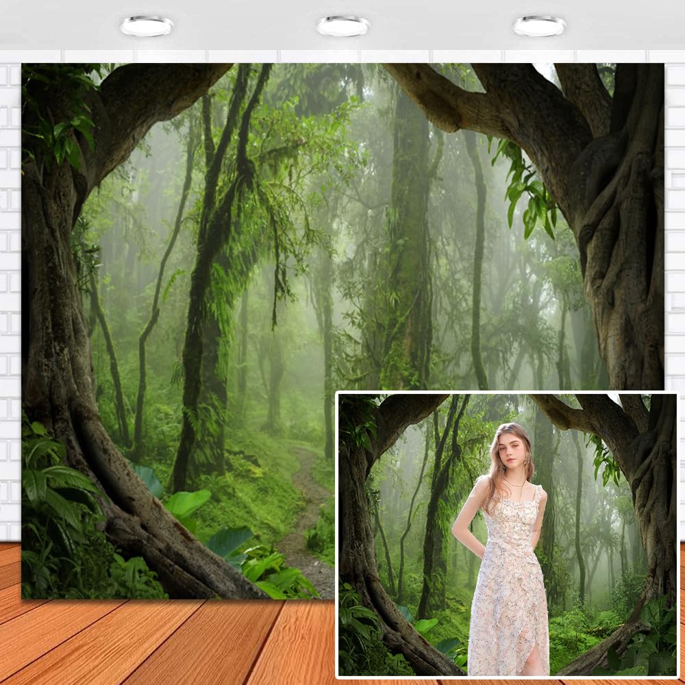 Leowefowa 10x8ft Vinyl Green Forest Backdrop Fairytale Misty Deep Green Trees Pathway Background Tropical Jungle Rainforest Backdrops for Adventure