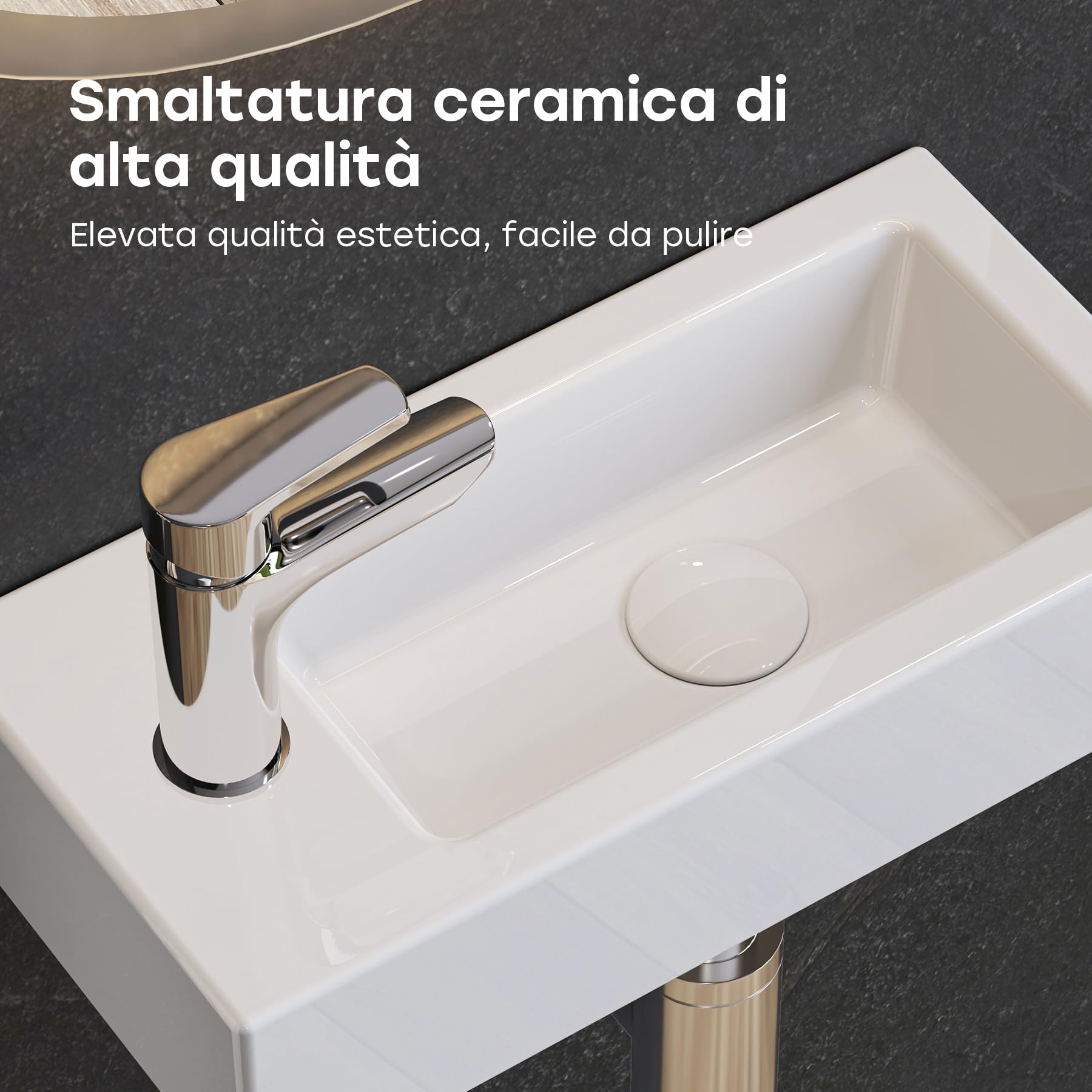 HOROW lavatoio ceramica bianca rettangolare, compatto lavandino piccolo bagno, lavabo bagno sospeso, con 1 foro per rubinetto a sinistra, 370x180x90 MM