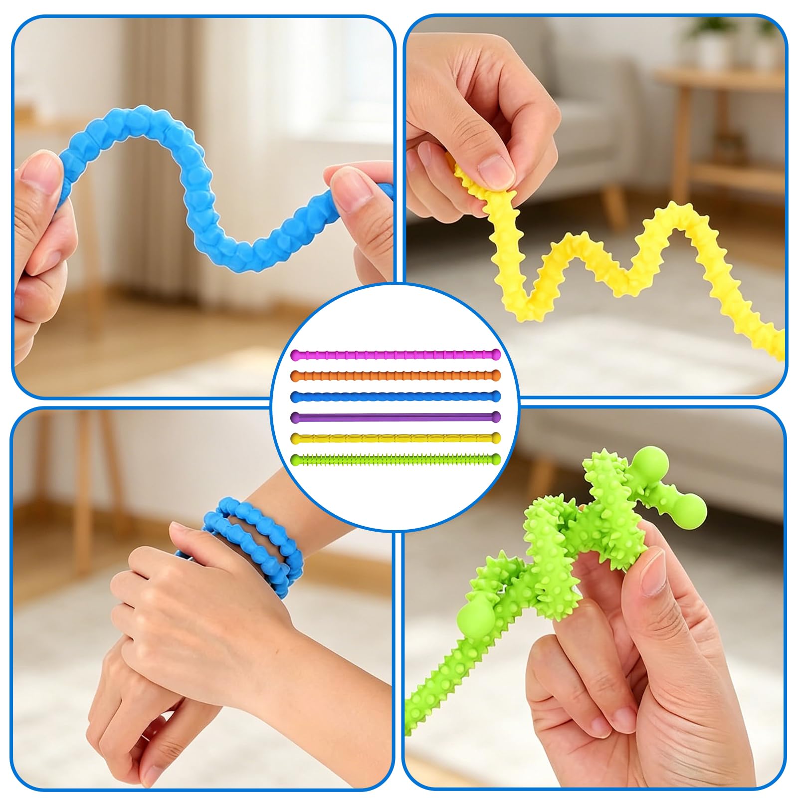 HORREX Fidget z teksturą ADHD, 6 sztuk, silikonowe zabawki, różne rozciągliwe kolory, sensoryczna zabawka antystresowa do ADHD, z autyzmem, łagodzi lęk i stres