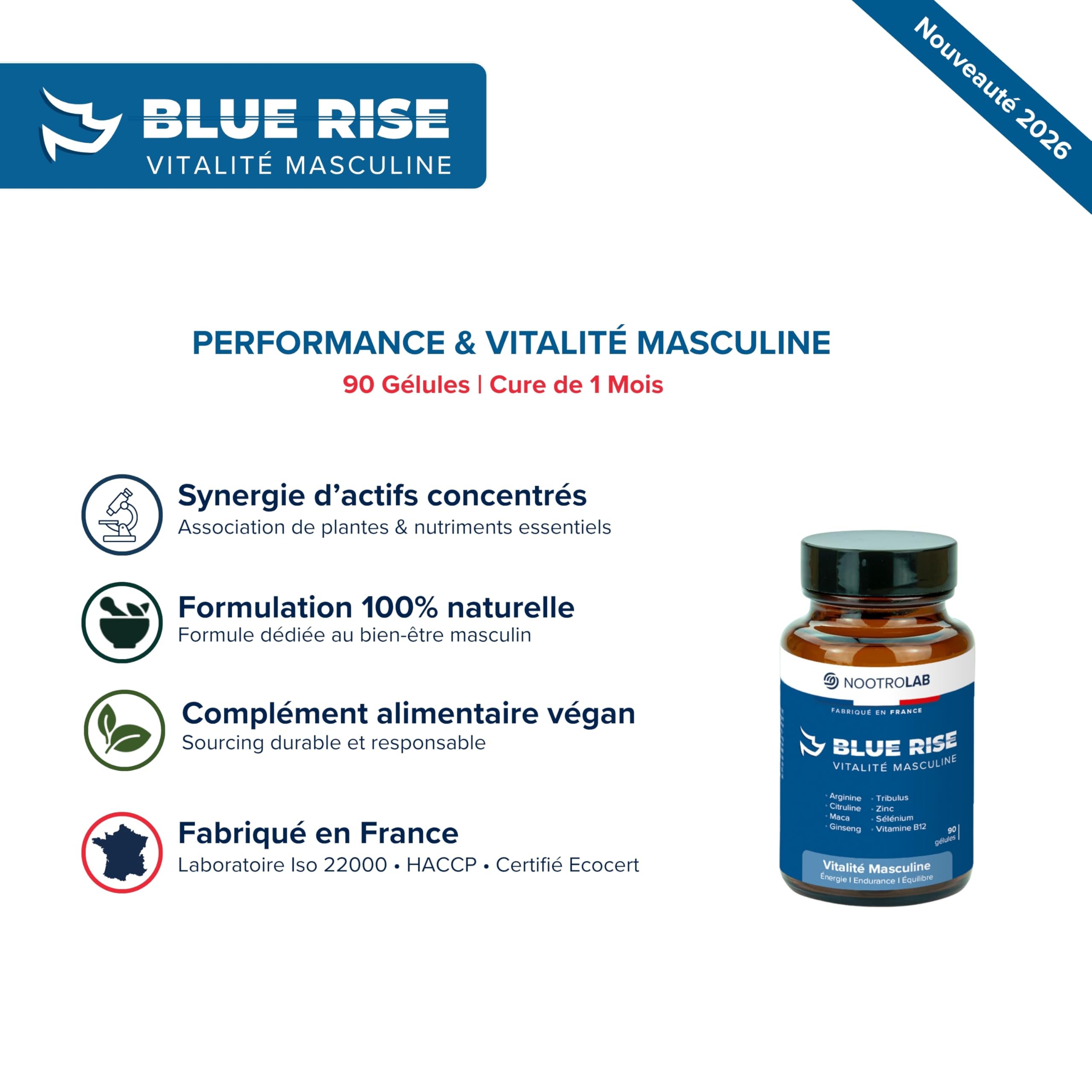 Blue Rise Nootrolab – Vitalité Masculine & Libido – Maca, Ginseng, Tribulus, Arginine, Citrulline – Zinc, Sélénium, Vitamine B12 – Énergie, Endurance, Testostérone – 90 Gélules – Fabriqué en France