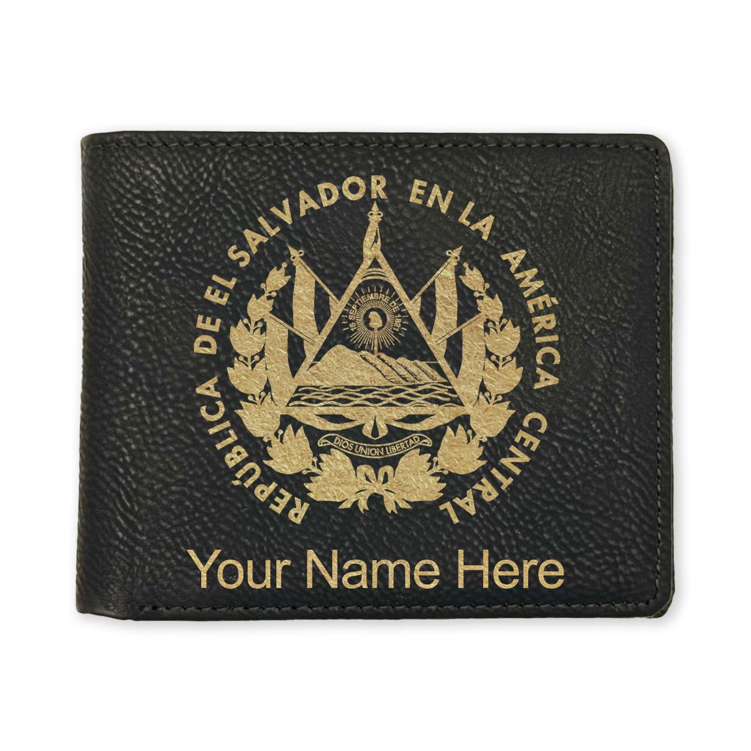 LaserGram Faux Leather Bi-Fold Wallet, Flag of El Salvador, Personalized Engraving Included (Black with Gold)