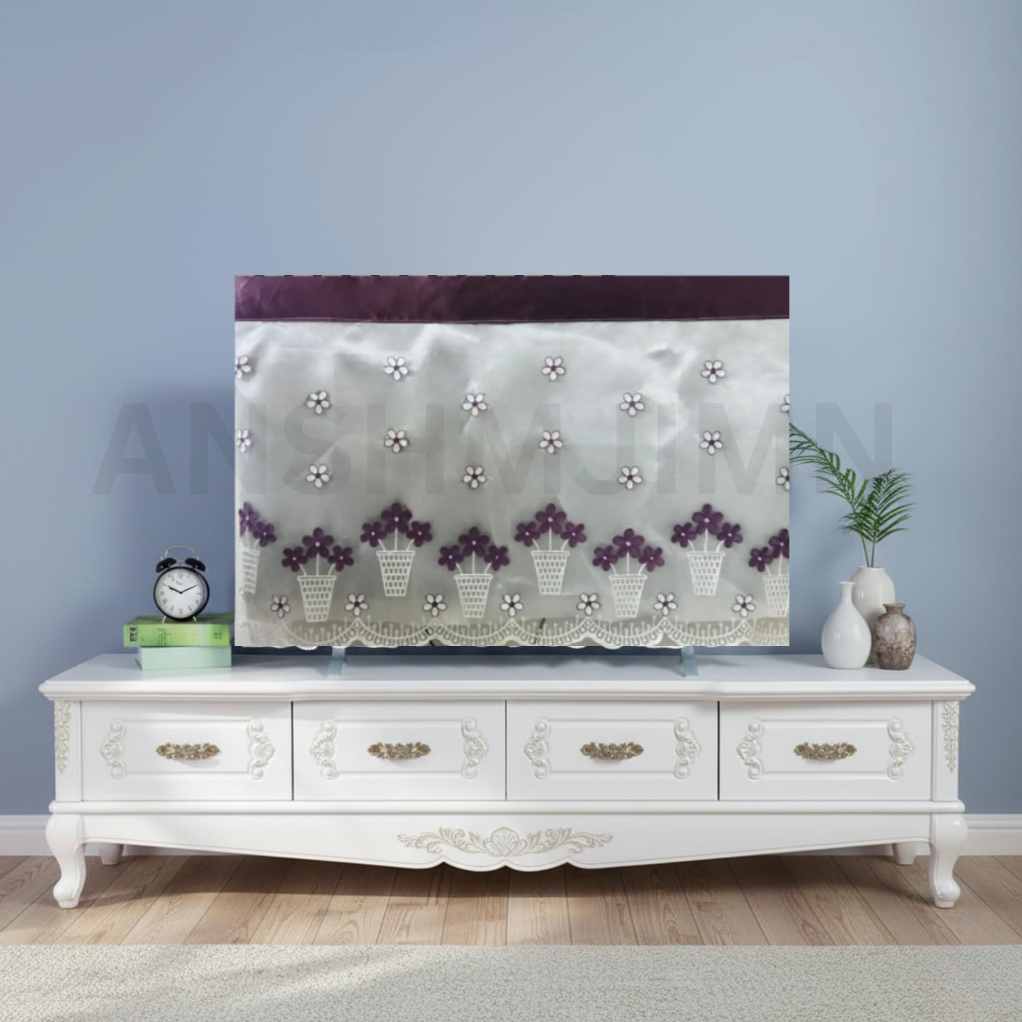 ANSHMJIMN Fabric Colorful And Dustproof Cover for LCD LED | Indoor Bedroom Living Room Decoration Dust Cover for Televisions | LCD / LED Tv Monitor (White Flower Pot, 43 Inch)-image-12