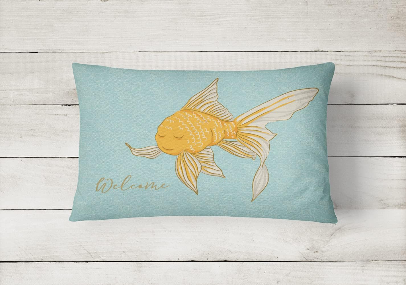 Caroline's Treasures BB8551PW1216 Gold Fish Welcome Canvas Fabric Decorative Pillow Machine Washable, Indoor Outdoor Decorative Pillow for Couch, Bed or Patio, 12HX16W