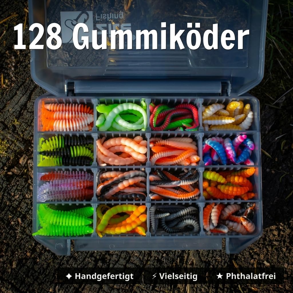 Zite Fishing No Mercy UL Pro Box Set | 128 Forellen-Gummiköder Set inkl. | Tungsten Haken & Knoblauch Lockstoff | Forellenköder wie Curly Viper, Twerky Tailer & Mighty Mag | UV-aktiv & Phthalatfrei