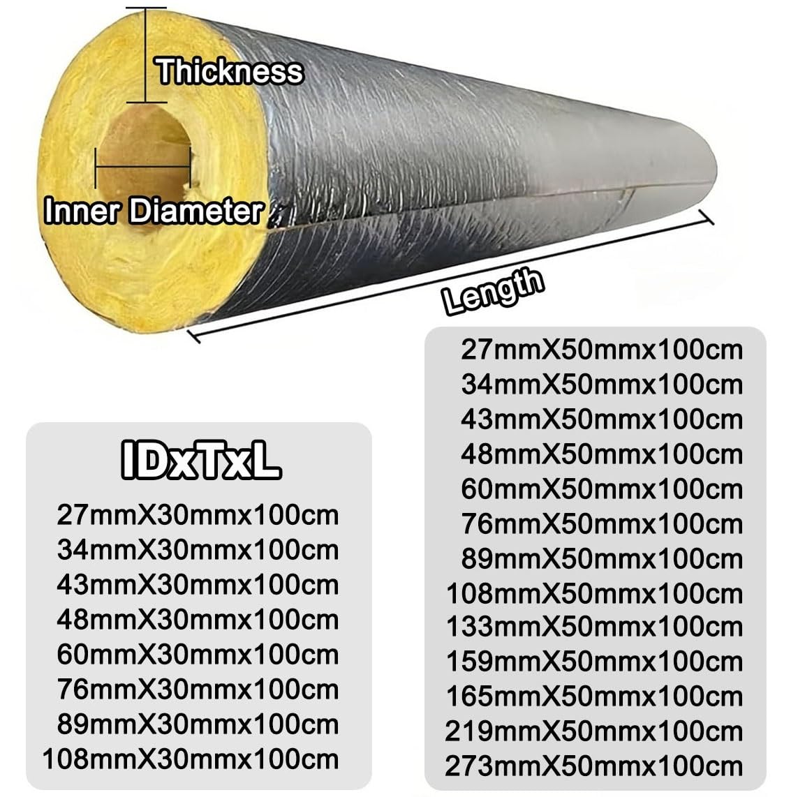 Guaina Isolante in Lana di Roccia, Tubo Isolante Antigelo per Esterni - ID: 27-273 Mm, Spessore: 30/50 MM, Lunghezza: 100 CM(76mmX50mm (3inX2in))