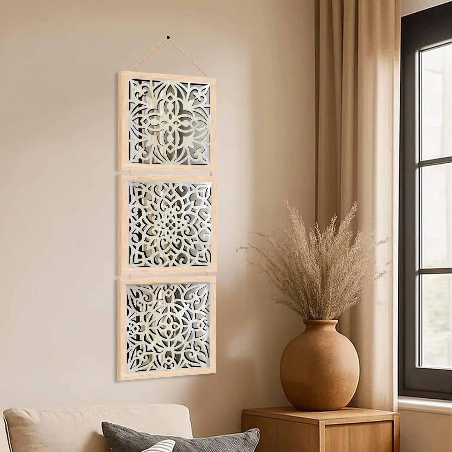 kotart Jharokha Frames Mirror Wall Decoration Panel Wooden Hanging Wall Décor Frame for Office Hotel Living Room Home Decor Bedroom Set of 3 (8X8 inch)-image-20