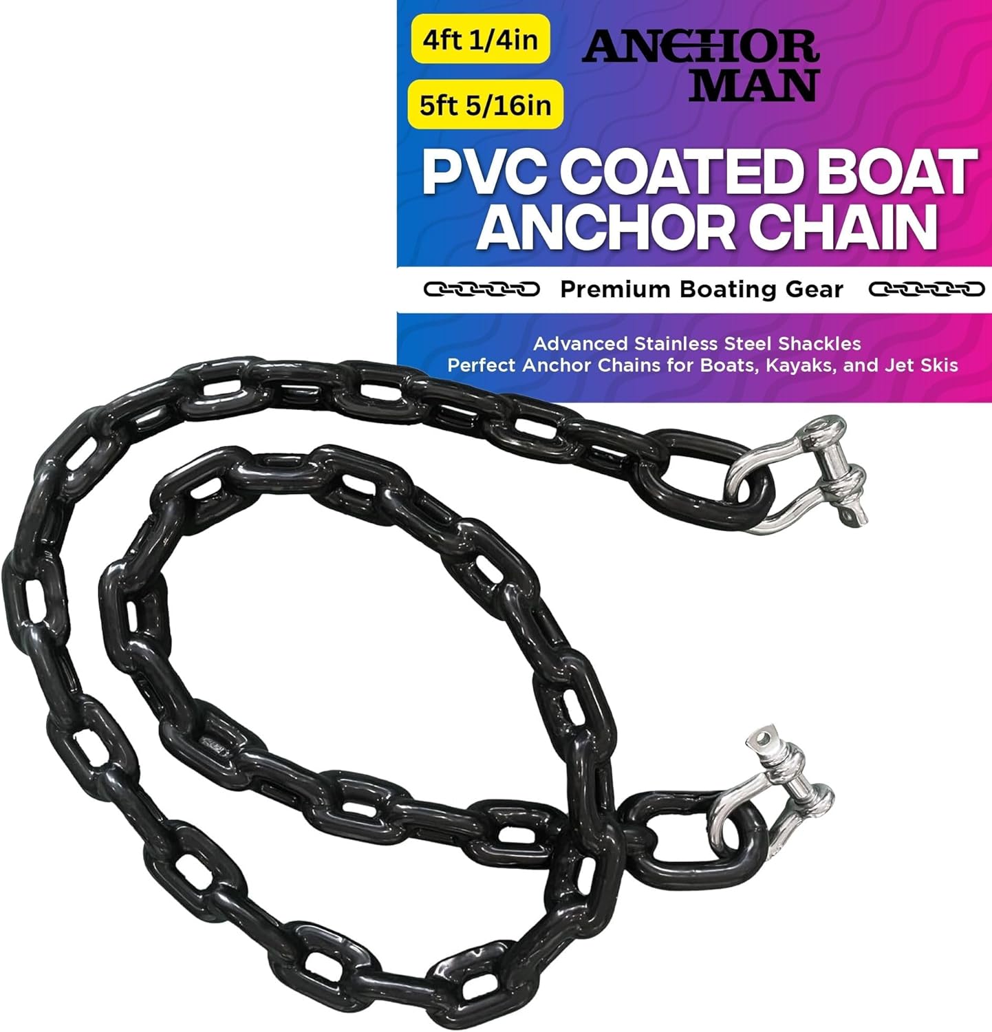 Anchor-Man PVC Coated Boat Anchor Chain with Advanced Stainless Steel Shackles – Perfect Anchor Chains for Boats, Kayaks, and Jet Skis – 2 Sizes (4ft 1/4in, 5ft 5/16in) – Black Coated Anchor Chain Anchor-Man PVC Coated Boat Anchor Chain with Advanced Stainless Steel Shackles – Perfect Anchor Chains for Boats, Kayaks, and Jet Skis – 2 Sizes (4ft 1/4in, 5ft 5/16in) – Black Coated Anchor Chain
