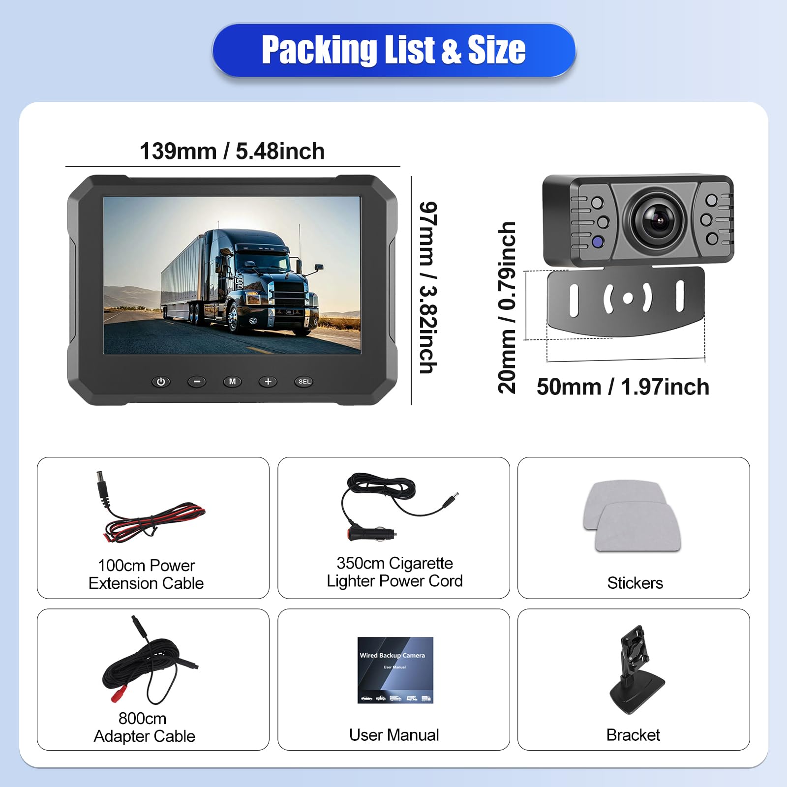 OiLiehu Kit Caméra de recul Filaire Système, Moniteur HD 1080P de 5 Pouces pour Camera Voiture, Caméra de Vision Nocturne Étanche IP68, avec Câble d'extension de 26,2 Pieds, Ligne Auxiliaire Inversée