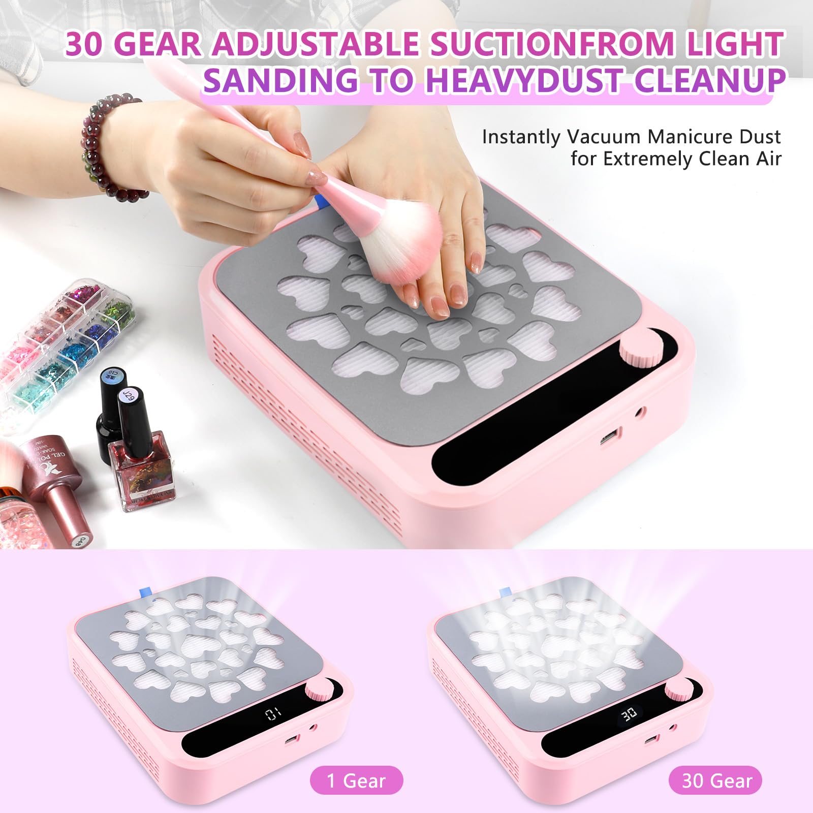 Nail Dust Collector, Dust Collector Nail Tech with LED Light & 2Pcs Reusable Filters & Cleaning Brush - Image 3