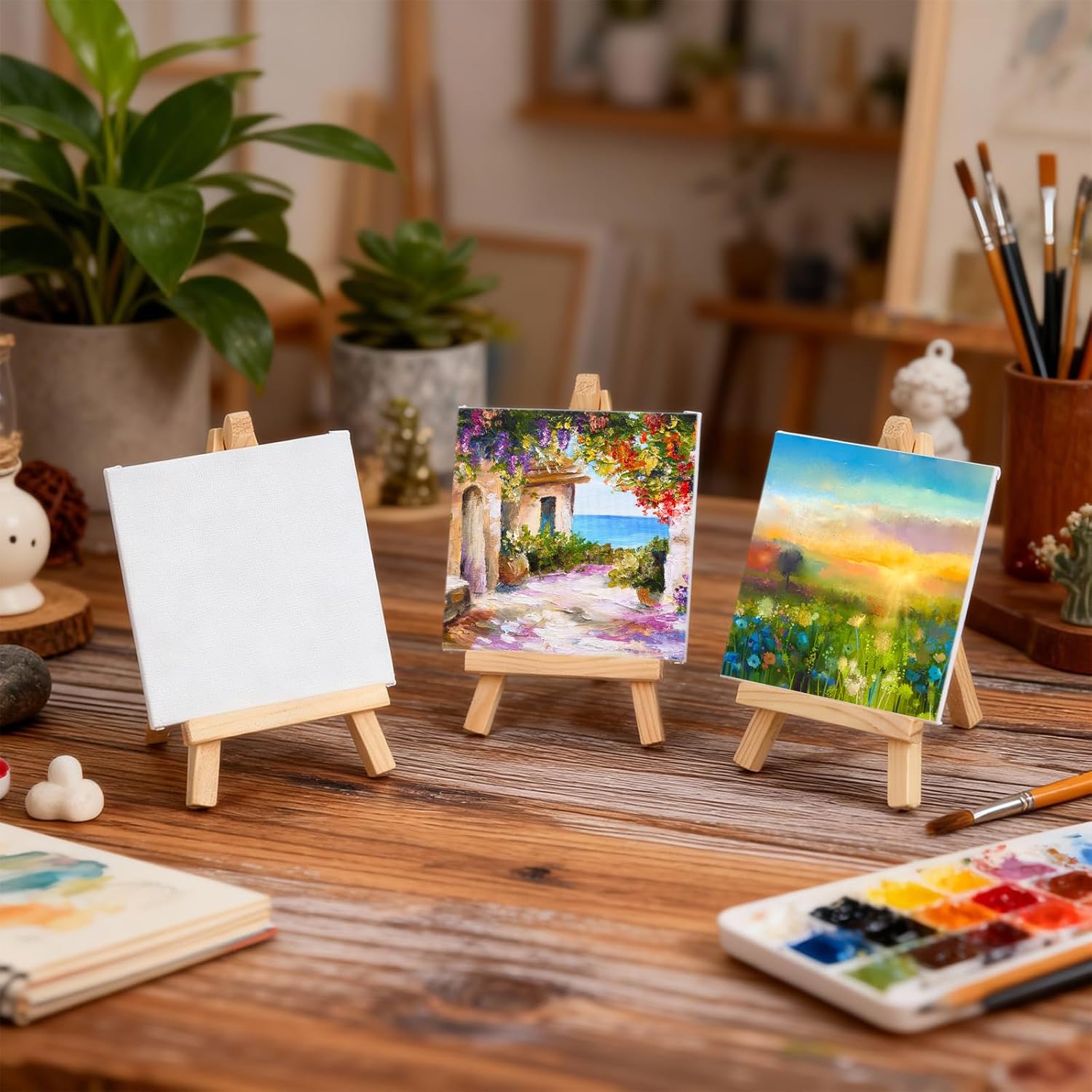 MotiMind 36 Pcs Mini Canvas and Easel Set for Painting, 4 x 4 Inch Canvas Panels with 6 Inch Wooden Easels for Oil Acrylic Painting Christmas Birthday Valentine's Mother's Day Art Crafts Party Favors