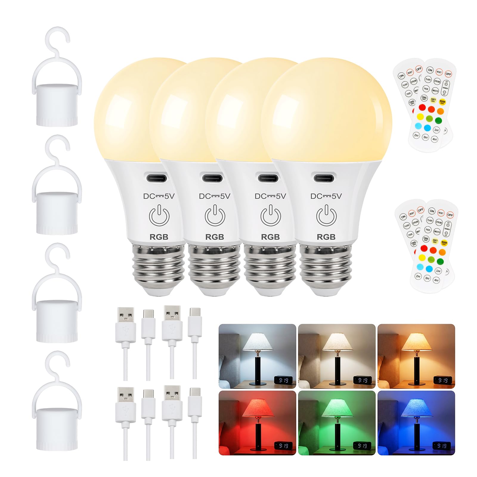 FRIDEKO HOME 4 Stück Aufladbare Glühbirne mit Fernbedienung 2600mAh E27 Smart Farbwechsel Farbige RGB Touch Control Dimmbare Akku Lampe mit Timing Funktion
