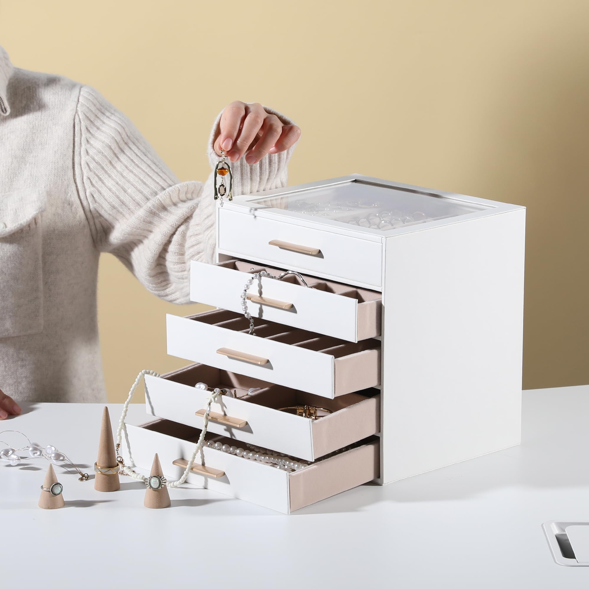 Joyero con tapa transparente, organizador de joyas de 5 capas con cajón, organizador de joyas de piel sintética y almacenamiento, cajas de joyería para mujeres, almacenamiento de joyas para 2