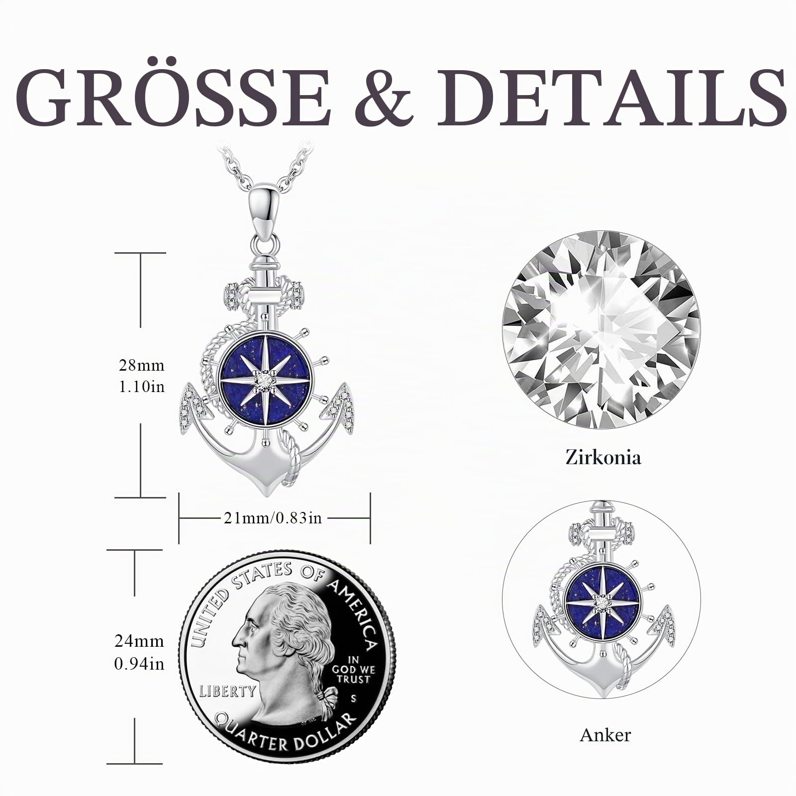 Kompass Halskette 925 Sterling Silber Hypoallergen Verstellbar für Damen & Herren Anhänger mit Symbolik für Reise Inspiration Elegantes Schmuck Geschenk