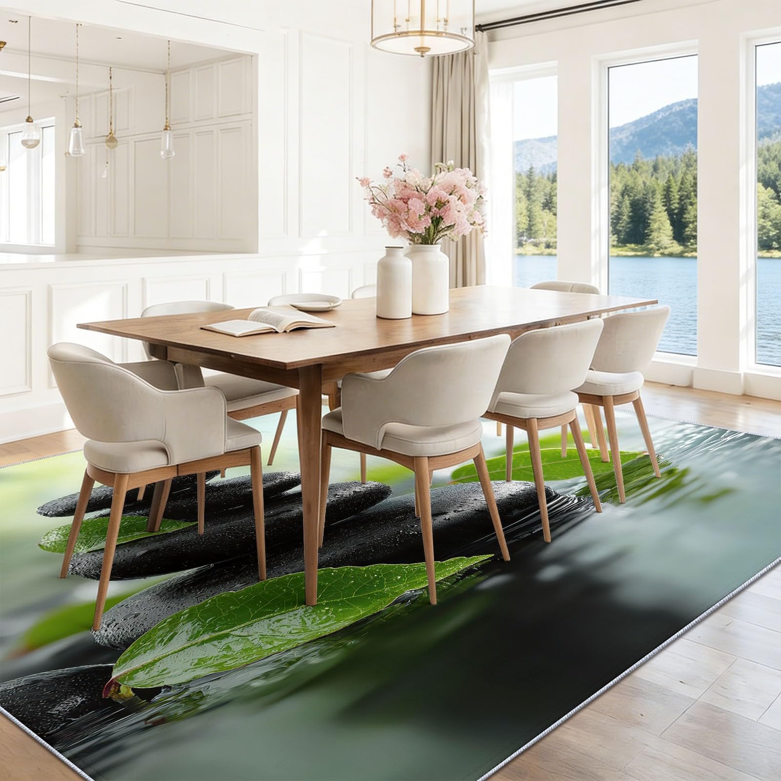 Minimalism Naturalny dywan, 80 x 150 cm, czarne kamyki, liście, można prać w pralce, duży dywan do salonu, antypoślizgowy miękki dywan z niskim runem do sypialni i jadalni, trwały wystrój domu