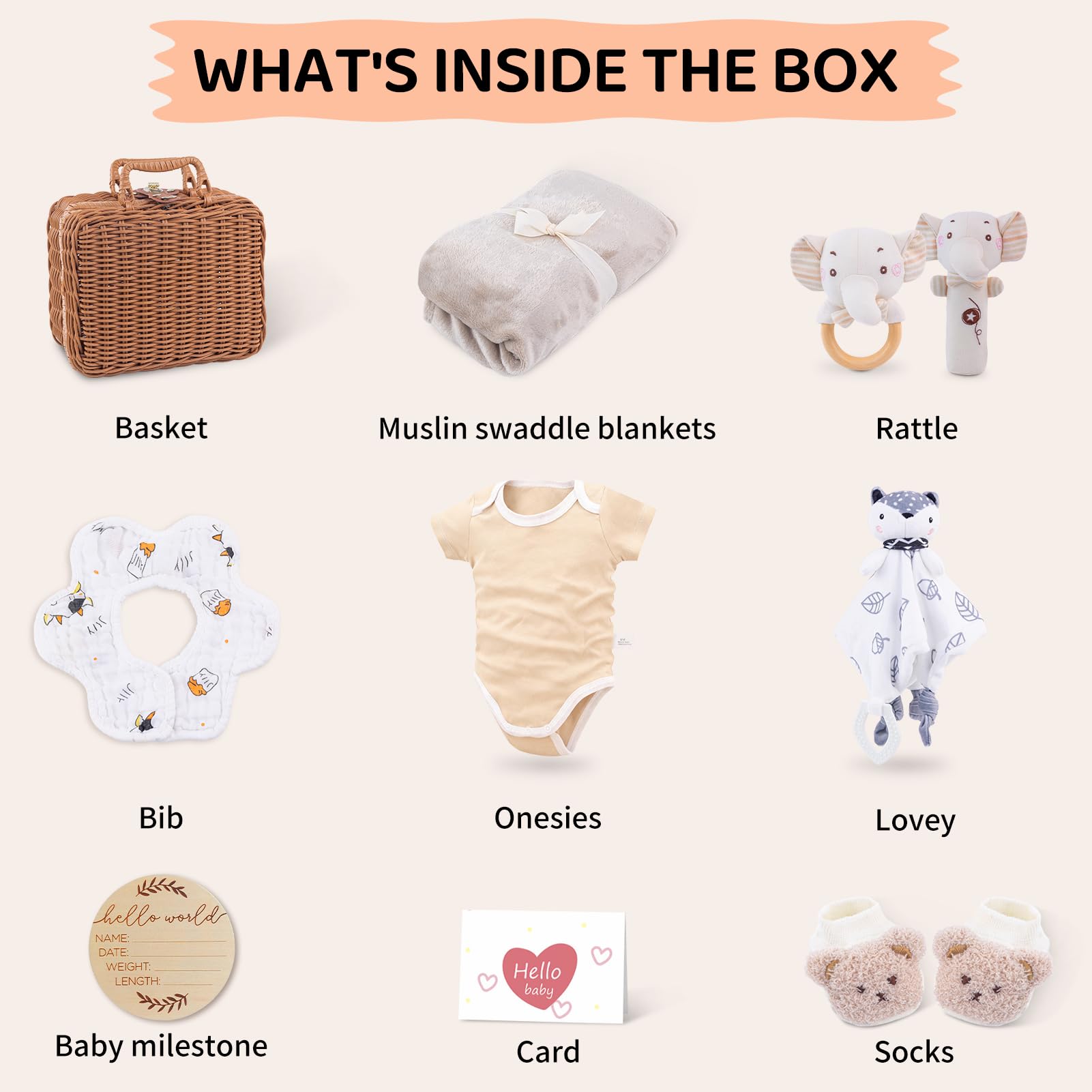 Set regalo per neonati, regalo per neonati, con pagliaccetto, asciugamani, bavaglini, calzini, sonaglio, scatola dei ricordi, biglietti di auguri e baby shower