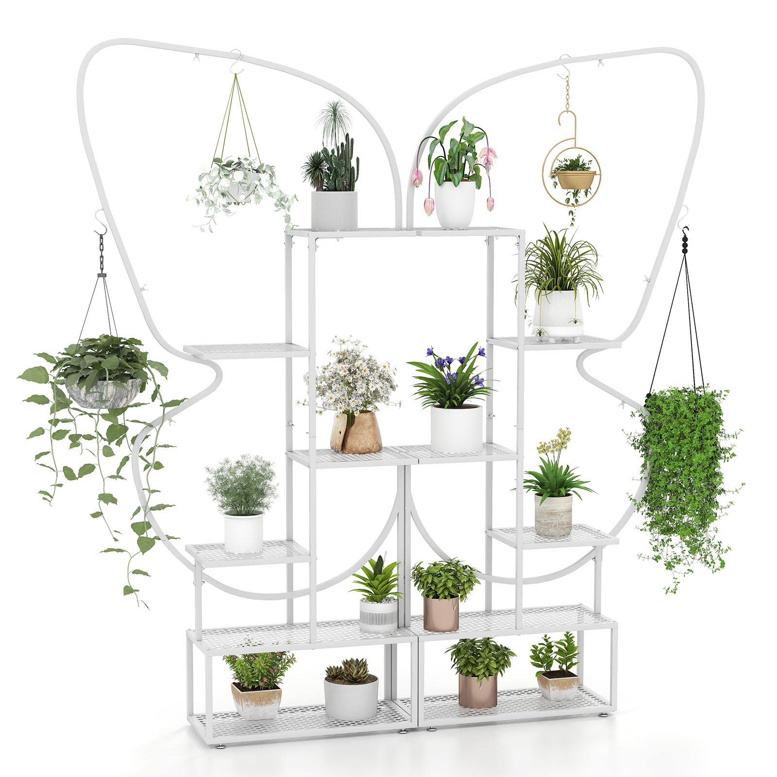 COSTWAY 5/6-Tier Tall Plant Stand, 2-Pack Ladder Plant Shelf with Hanging Hooks, Indoor Outdoor Metal Display Pot Holder for Balcony Garden Patio (White, 87 x 26 x 185 cm, Butterfly-Shaped)