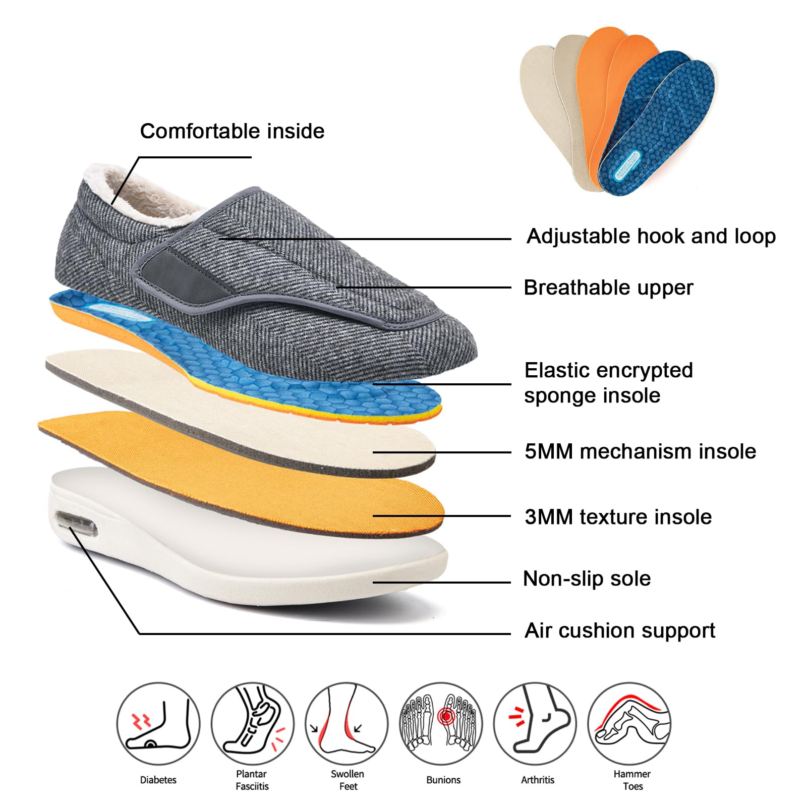Baskets Extra-larges Pour Pieds Sensibles – Confort Diabète, Gonflement – Réglables – Gris – Taille 43
